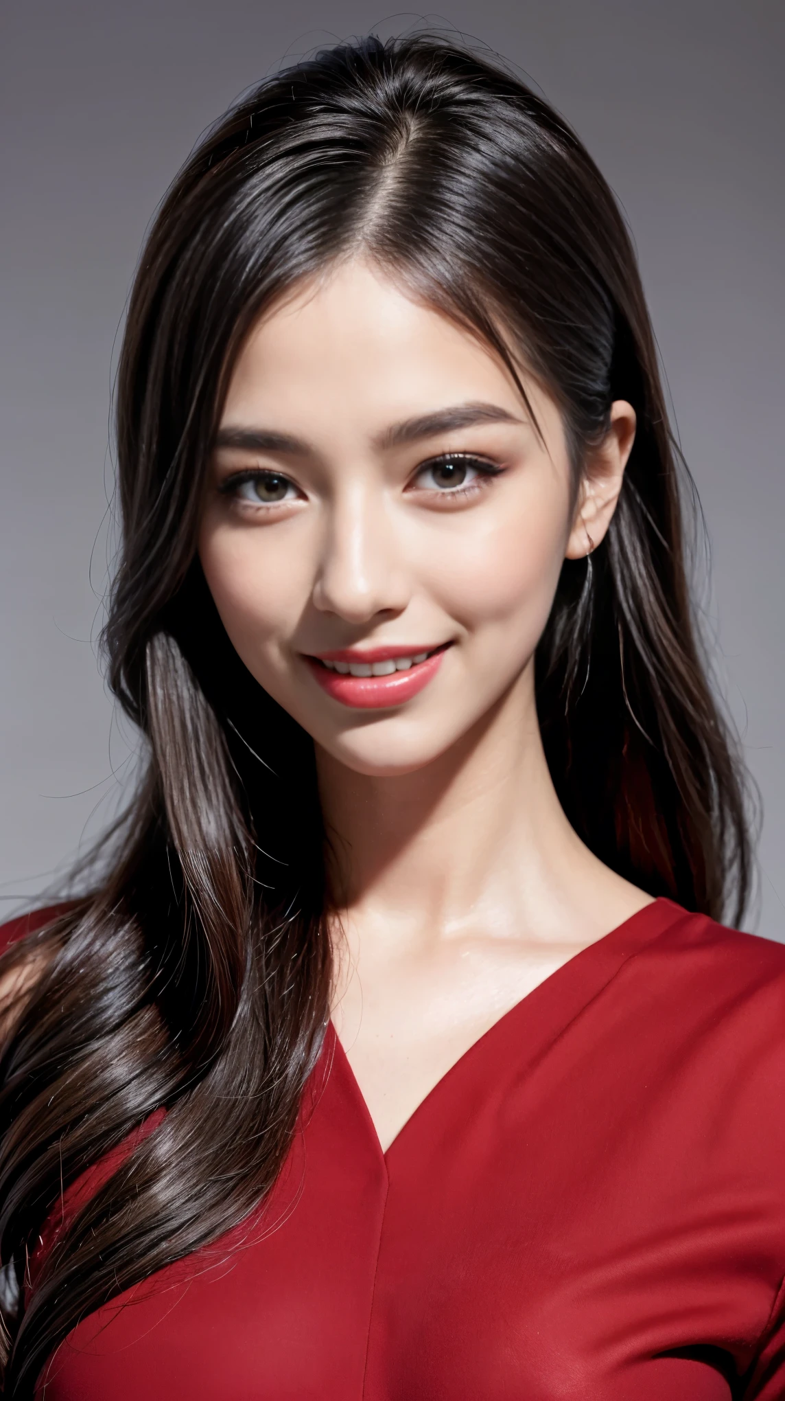 highest quality,masterpiece,Ultra-high resolution,Original photo,Ultra-high resolution,Three beautiful women,Flashy makeup using red eyeshadow,Big smile,Short cut with subtle side waves,Gray background,