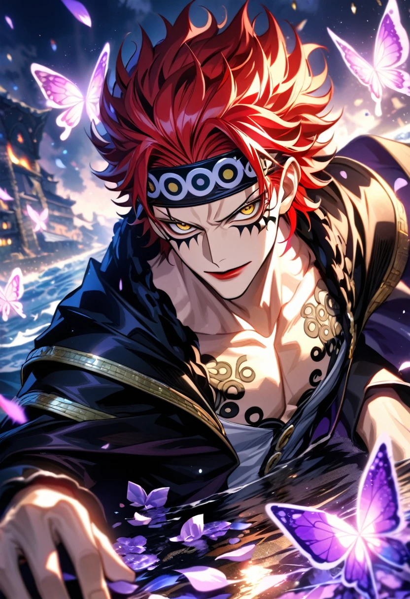 Ultra detailed, HDR, Highres, absurdres, master piece, Eustass ???, red hair, red lips, expressive yellow eyes, black cape with patterns, One Piece, purple glittering butterflies, purple ice, petals, purple ice roses, sexy man, solo, extremely detailed face and eyes, handsome, glittering, water, white tight shirt,