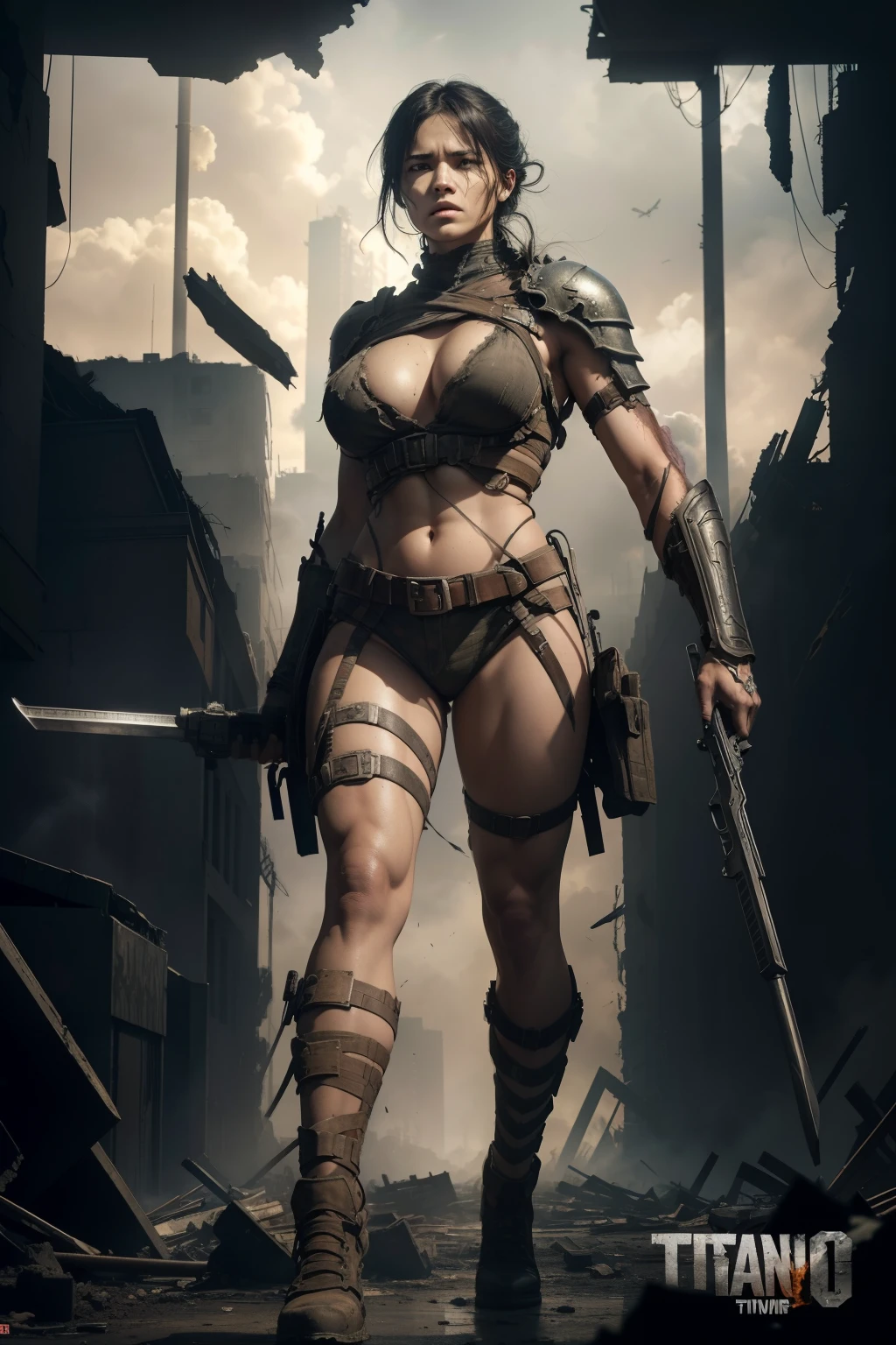 sfw 1 with giant breast、just,full bodyesbian,standing,((character Regina from the game Dino Crisis)),prehistory,Sci-fi fantasy design,character concept design,beautiful face and eyeasterpiece artwork,best qualityer,best resolution,high-definition details
