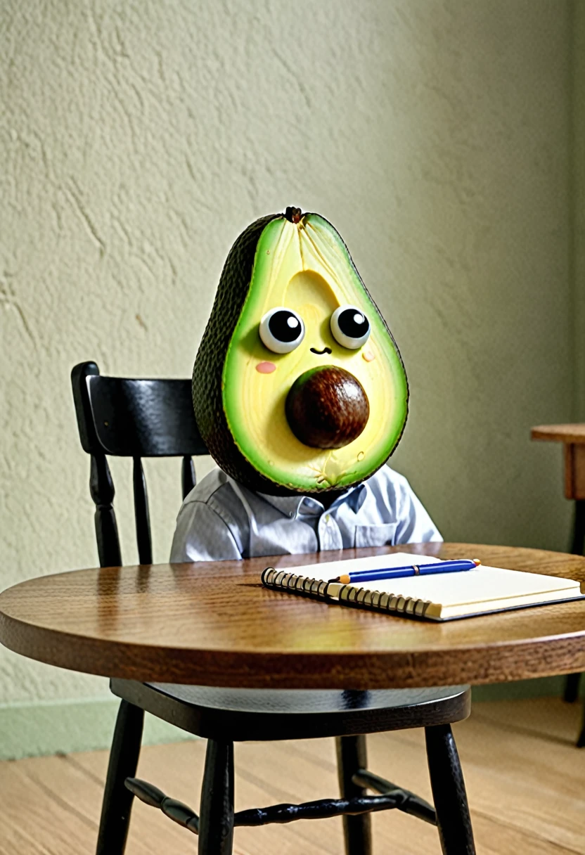 An avocado comes to life it has two black eyes the avocado has black hair it has a mouth the avocado is sitting on a chair the avocado has a sad expression the avocado has a table in front of it where it has a notebook there doesn't have to be any human there the animation is in 3d and illustration