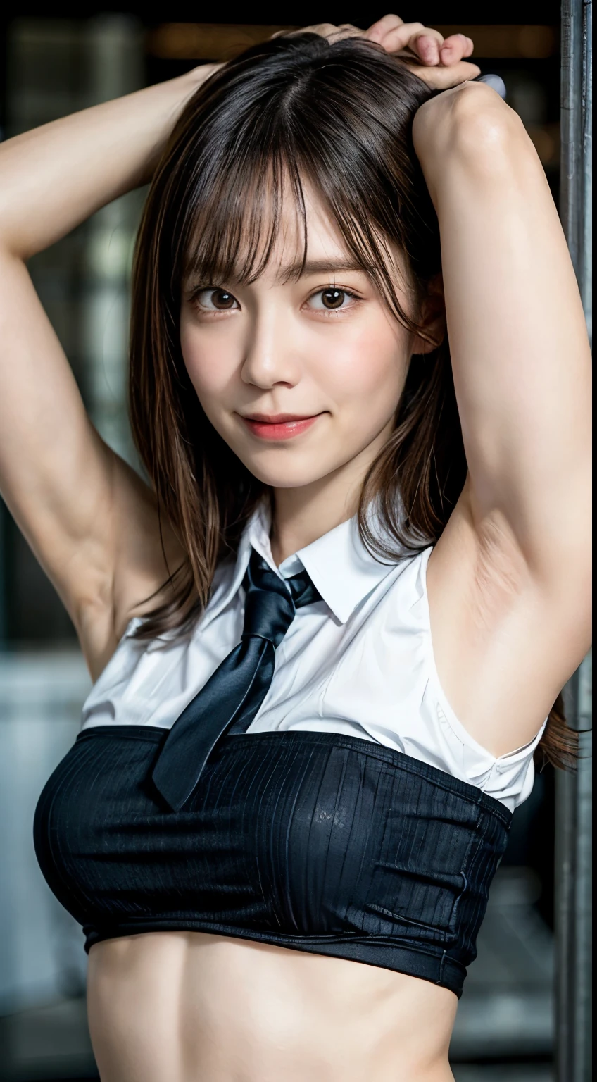 (8K、RAW Photos、Highest quality、masterpiece:1.2)、(Realistic、Realistic)、girl、のgirl、8、NSWF、slouch(Navy Bikini、white string bikini、Micro Bikini、Long white socks、Wearing a red tie、mini skirt、Very short skirt、Boomerang Pants、Too much exposure、Large Breasts、Bare Chest、Ofeet、Knead、smile、Medium Hair、View from the front)、Lots of eyelashes、Glowing eyelids、skeletally correct