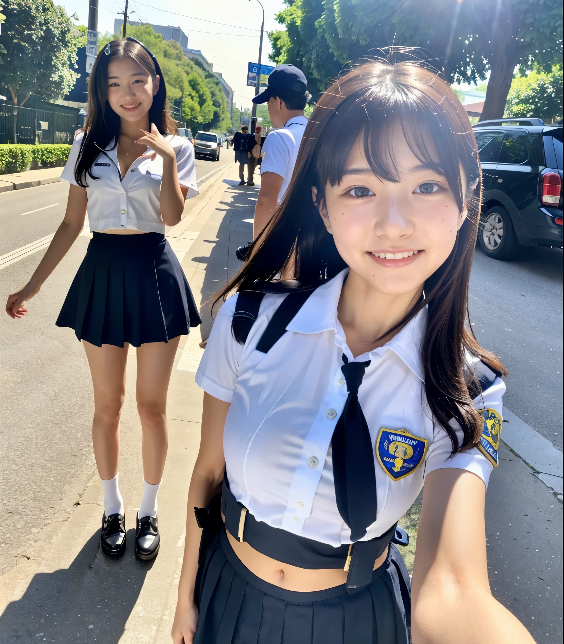 ((highest quality)), ((masterpiece)), (detailed), Perfect Face, A 20-year-old girl who is as cute as an idol, A kind smile, Very cute、Young face、Female police officer, Police uniform, I can see your underwear、mini skirt、Cleavage, whole body, whole body像、City Sidewalk, Genuine stick, Genuine、Real