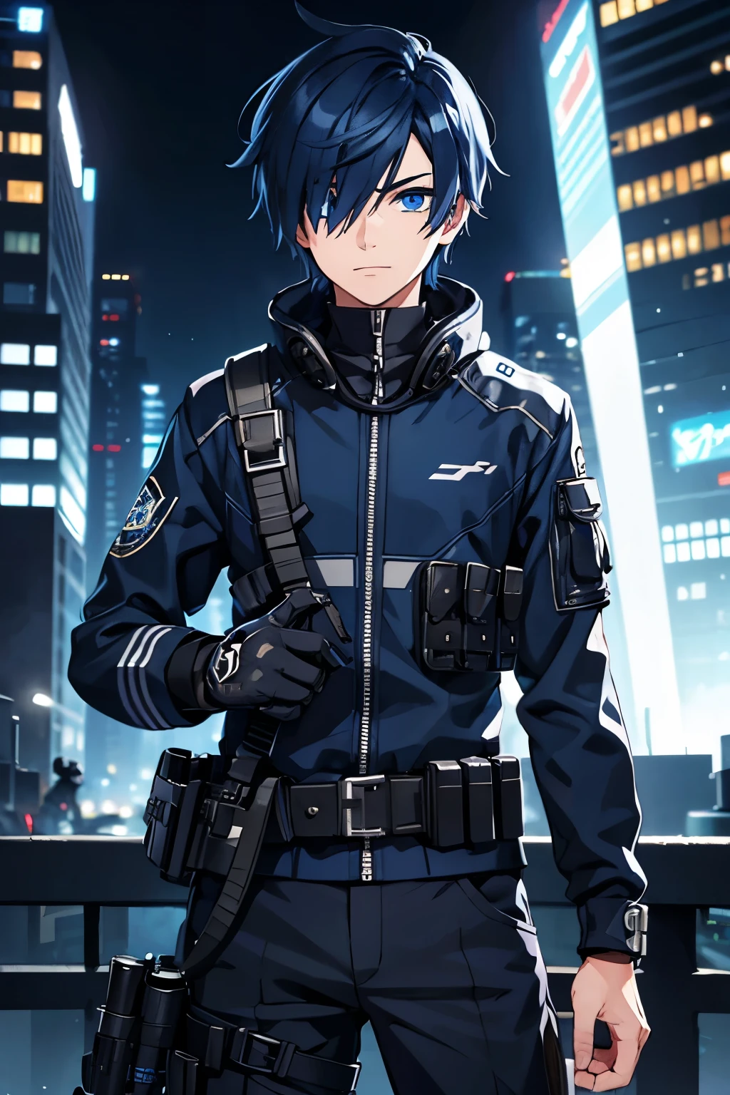  Male, Emo with one eye covered Dark Blue Hair, Blue Eye, Headphone, Velvet Spec Ops Outfit, Night Harbor City Theme Background, Happy Emotion mood, Anime, Masterpiece.
