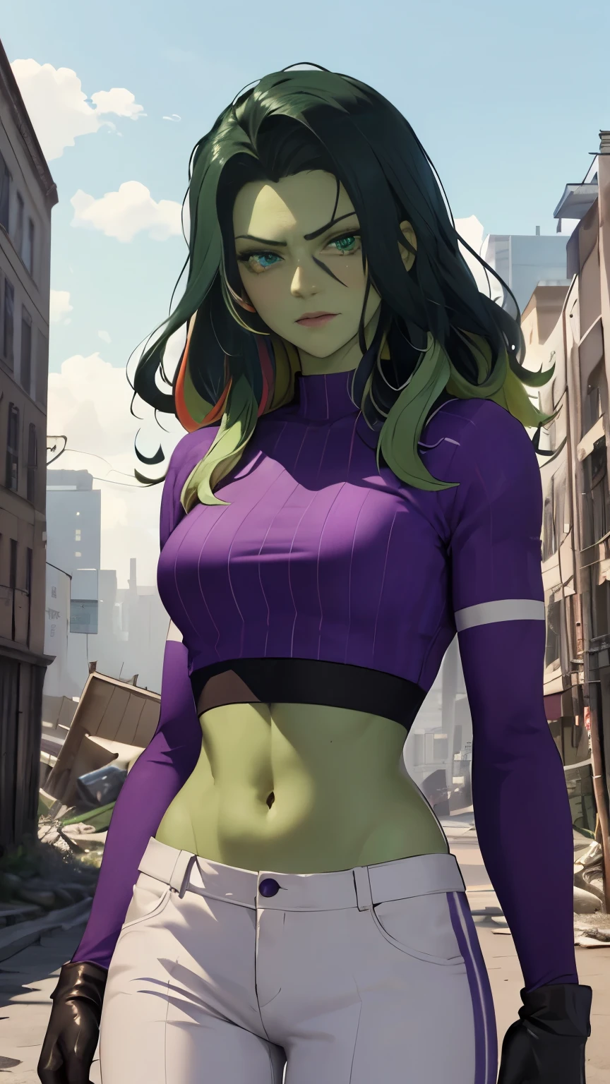 (Highly quality, masterpiece, detailed), Destroyed city detailed scenario, Destroyed detailed background, 20 years old girl, shehulk, solo, Green skin, Dark Green hair, Colored Skin, Purple/White top, Multicolored top, Leather top, Purple/White pants, Multicolored Pants, Leather Pants, Crop top, Purple/White Sleeves, Long Sleeves, Multicolored Sleeves, Purple/White Gloves, Multicolored Gloves, Navel, Angry, beautiful eyes, perfect eyes, looking at the viewer, Sexy pose