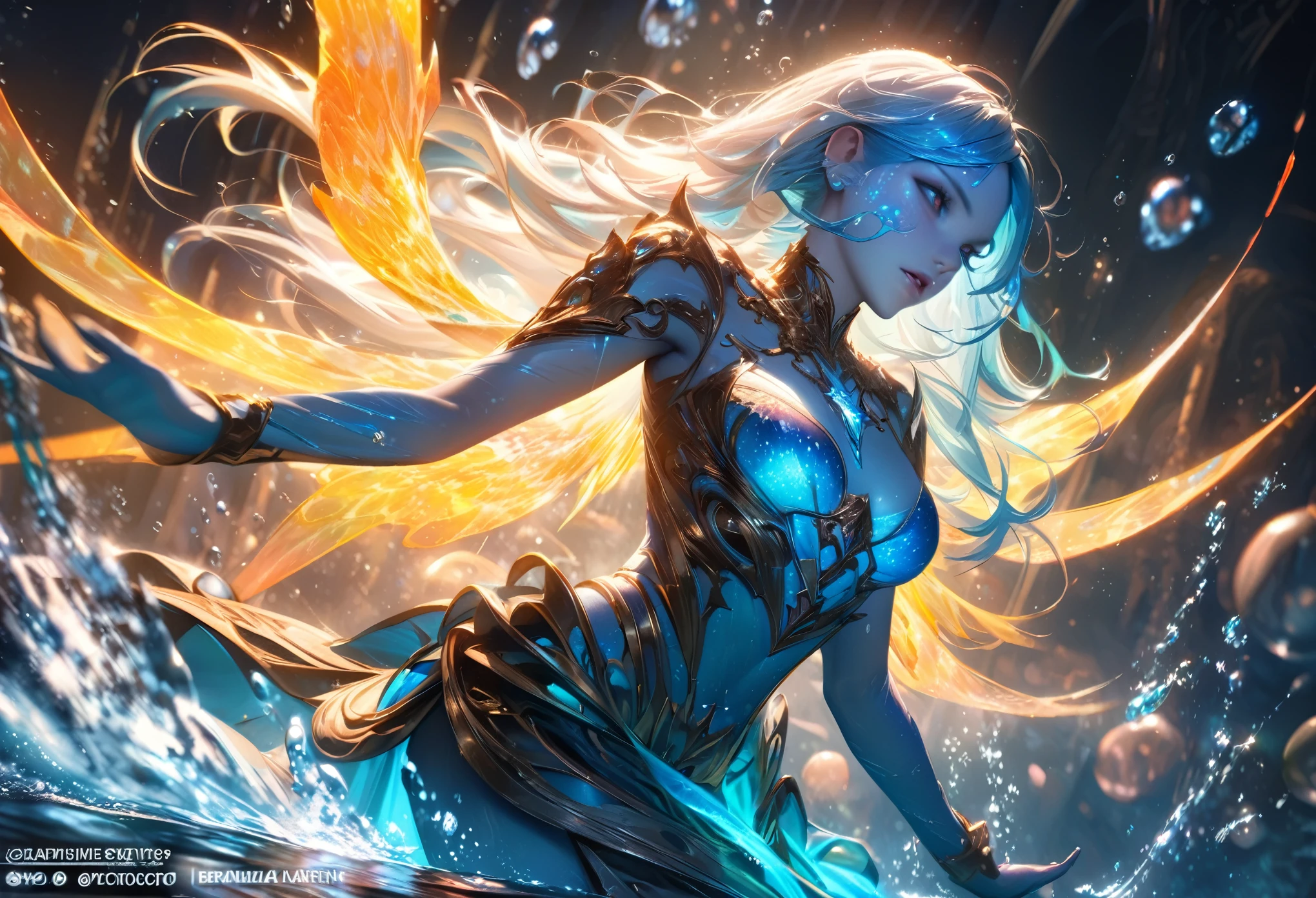 (best quality,4k,8k,highres,masterpiece:1.2), ultra-detailed, realistic, HDR, studio lighting, extreme detail description, professional, vivid colors, bokeh, portraits, concept artists, action, fantasy, mysterious, magical, ethereal, vibrant, dynamic, powerful, intense, surreal, celestial, motion blur, glimmering, luminescent, supernatural, graceful, radiant light, cosmic energy
Cryptic girl, descending from the sky, dazzling golden hair flowing in the wind, intense expression, piercing blue eyes, intricate tattoos covering her body, armored suit with glowing energy lines, intricate patterns, dynamic pose, surrounded by swirling clouds, elemental powers emanating from her hands, light orbs floating around her, mystical symbols and runes, arcing electricity, sparkling energy bolts, glowing energy trails, explosion of colors, vibrant and bold brushstrokes, with a backdrop of stars and galaxies
Water nymph, elegant and fluid movements, slender figure, shimmering blue skin, long flowing aquamarine hair, adorned with jewels and seashells, ethereal and translucent wings, fluid and graceful poses, water droplets cascading around her, underwater scenery, floating bubbles, reflections of light, serene and peaceful expression, delicate and intricate details of her jewelry, glowing aquatic plants, sapphire-colored water, glistening scales, soft and dreamy color palette, with a touch of iridescence, playing with water and manipulating its flow, enchanting aura