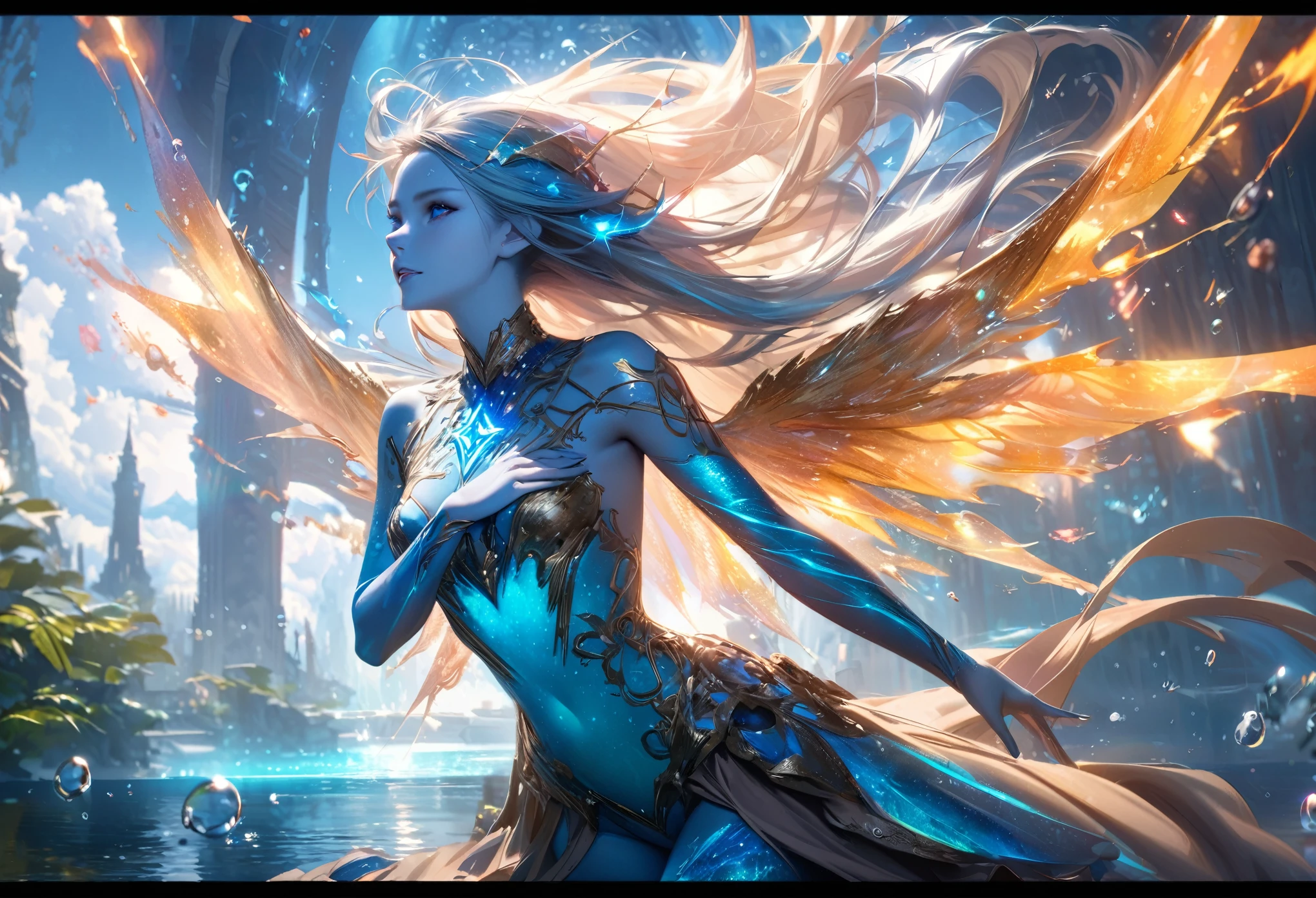 (best quality,4k,8k,highres,masterpiece:1.2), ultra-detailed, realistic, HDR, studio lighting, extreme detail description, professional, vivid colors, bokeh, portraits, concept artists, action, fantasy, mysterious, magical, ethereal, vibrant, dynamic, powerful, intense, surreal, celestial, motion blur, glimmering, luminescent, supernatural, graceful, radiant light, cosmic energy
Cryptic girl, descending from the sky, dazzling golden hair flowing in the wind, intense expression, piercing blue eyes, intricate tattoos covering her body, armored suit with glowing energy lines, intricate patterns, dynamic pose, surrounded by swirling clouds, elemental powers emanating from her hands, light orbs floating around her, mystical symbols and runes, arcing electricity, sparkling energy bolts, glowing energy trails, explosion of colors, vibrant and bold brushstrokes, with a backdrop of stars and galaxies
Water nymph, elegant and fluid movements, slender figure, shimmering blue skin, long flowing aquamarine hair, adorned with jewels and seashells, ethereal and translucent wings, fluid and graceful poses, water droplets cascading around her, underwater scenery, floating bubbles, reflections of light, serene and peaceful expression, delicate and intricate details of her jewelry, glowing aquatic plants, sapphire-colored water, glistening scales, soft and dreamy color palette, with a touch of iridescence, playing with water and manipulating its flow, enchanting aura