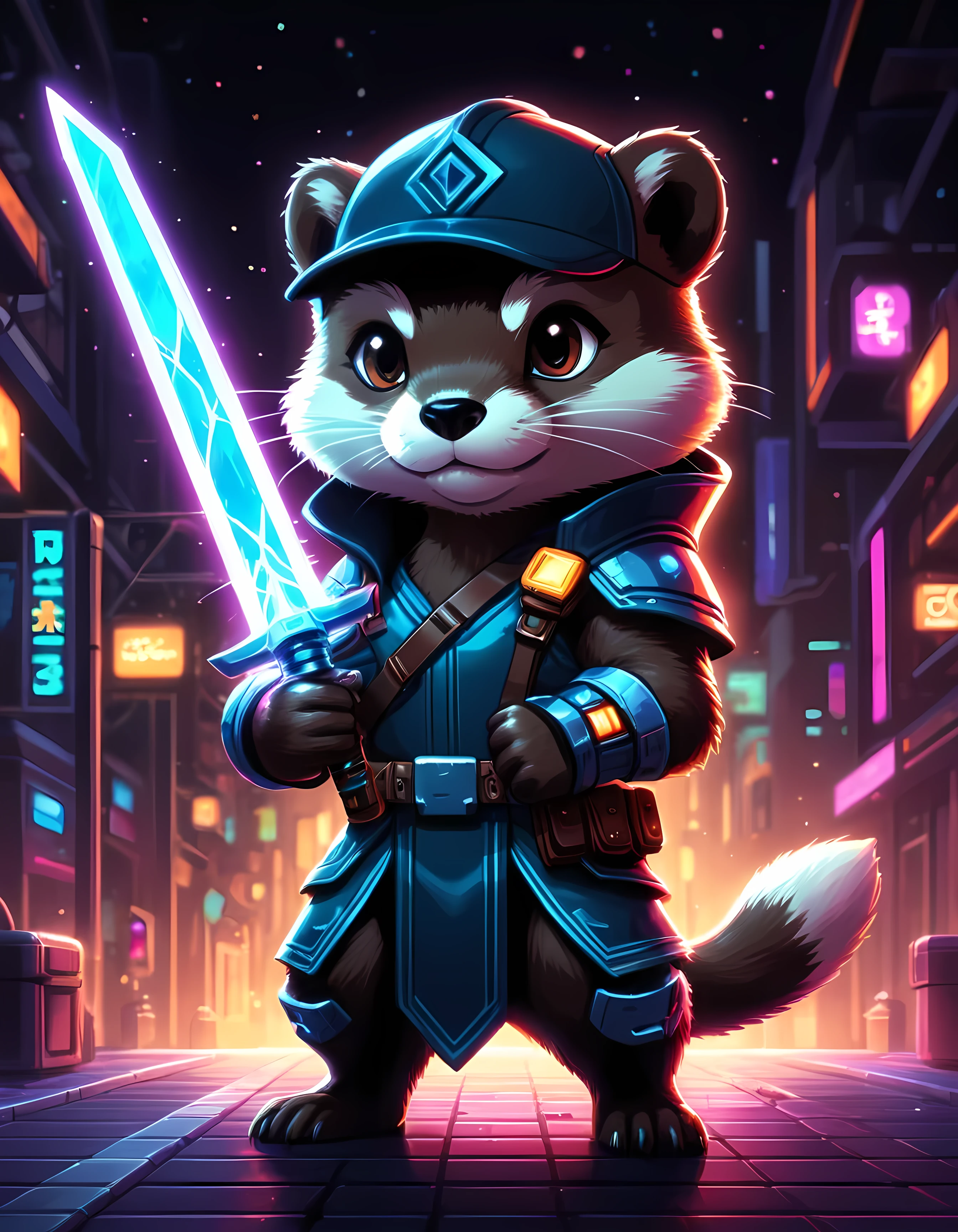 Bright epic professional cute cartoon pixel illustration, (masterpiece in maximum 16K resolution, superb quality, ultra detailed:1.3), close-up of a cyberpunk neon otter warrior holding a (glowing electric sword with both hands), sharp stylish dark cape with pockets, armored cap, robotic eyes, blurry modern street background at night, sparkles.