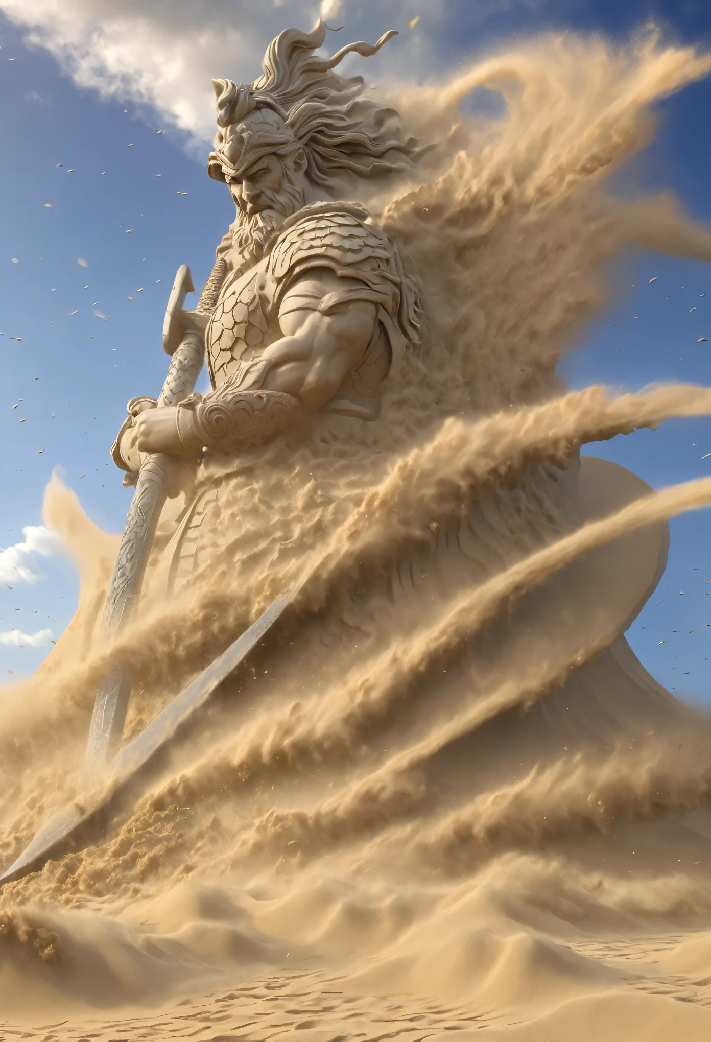 masterpiece, best quality, extremely detailed, hyperrealistic, photorealistic, sand sculpture of big sword:1.1, sandstorm, tornado, strong wind, wave

