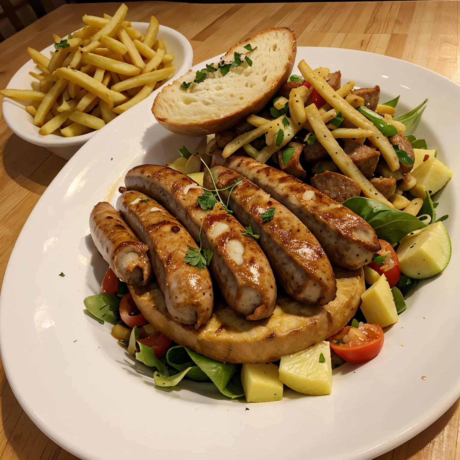 sausage, batata frita, massa e salada
