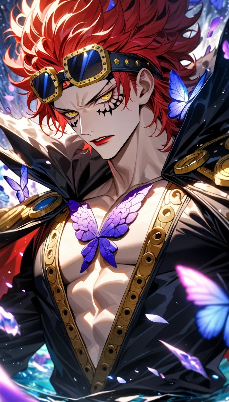 Ultra detailed, HDR, Highres, absurdres, master piece, Eustass Kid, red hair, red lips, expressive yellow eyes, black cape with patterns, One Piece, purple glittering butterflies, purple ice, petals, purple ice roses, sexy man, solo, extremely detailed face and eyes, handsome, glittering, water, white tight shirt,