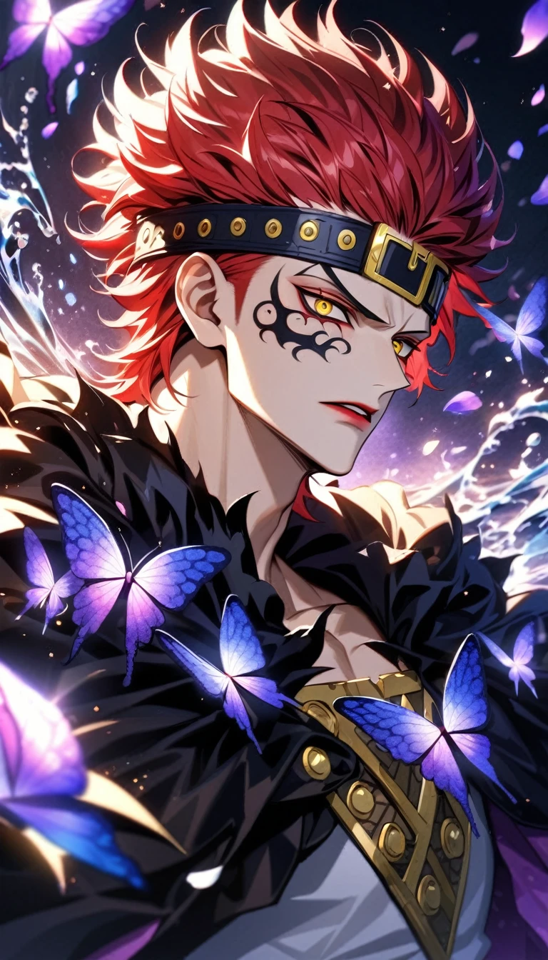 Ultra detailed, HDR, Highres, absurdres, master piece, Eustass Kid, red hair, red lips, expressive yellow eyes, black cape with patterns, One Piece, purple glittering butterflies, purple ice, petals, purple ice roses, sexy man, solo, extremely detailed face and eyes, handsome, glittering, water, white tight shirt,