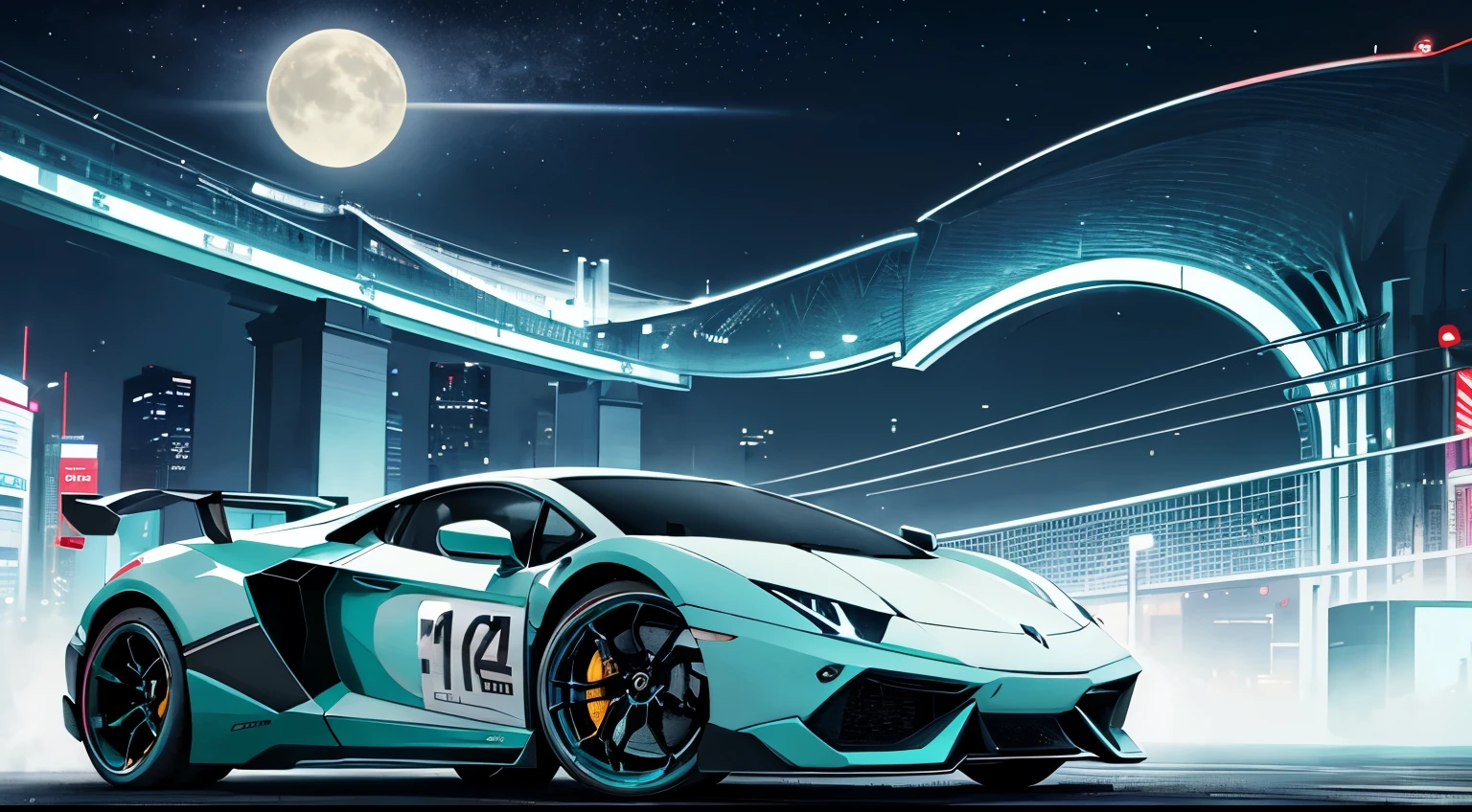 Drive a Lamborghini、Bikini、cute、Hatsune Miku、Large Breasts、Night view、8K、Beautiful eyes