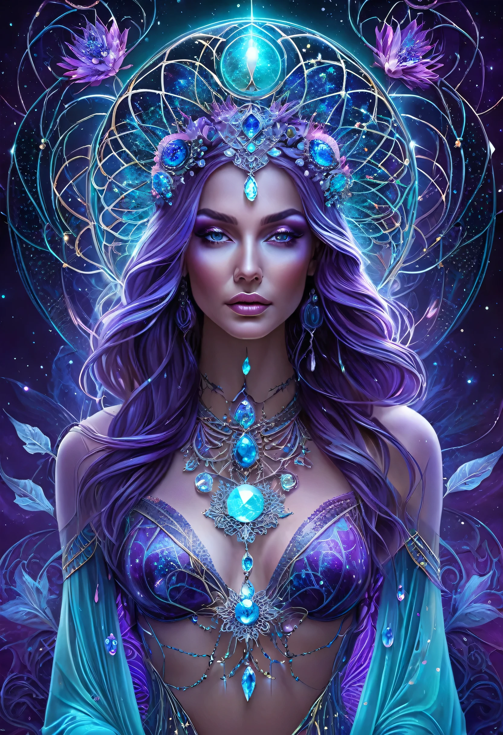 Meisterwerk, Best quality, ultra high resolution, extremely detailed, (psychedelische Kunst:1.4), Frau, veil, Optisch atemberaubend, Nice, award-winning illustration, kosmischer Weltraumhintergrund, ethereal atmosphere, Ultra quality, Nice girl, Kosmisches Konzept, 3D hologram cords, durchsichtige haut, perlmuttblutige Adern, die aus der Dunkelheit wachsen und sich verflechten, genagelter Draht, Aus ihm sickerte dickes blaues Blut, scharfes Neon, Adern wachsen und pumpen Blut, Vascular networks grow, Purple turquoise 3D hologram shiny crystal veins all over, Yin und Yang, leuchtender Raum, leuchtende Sterne, Unendlichkeitssymbol, inspired by “Celestial Dreams”.