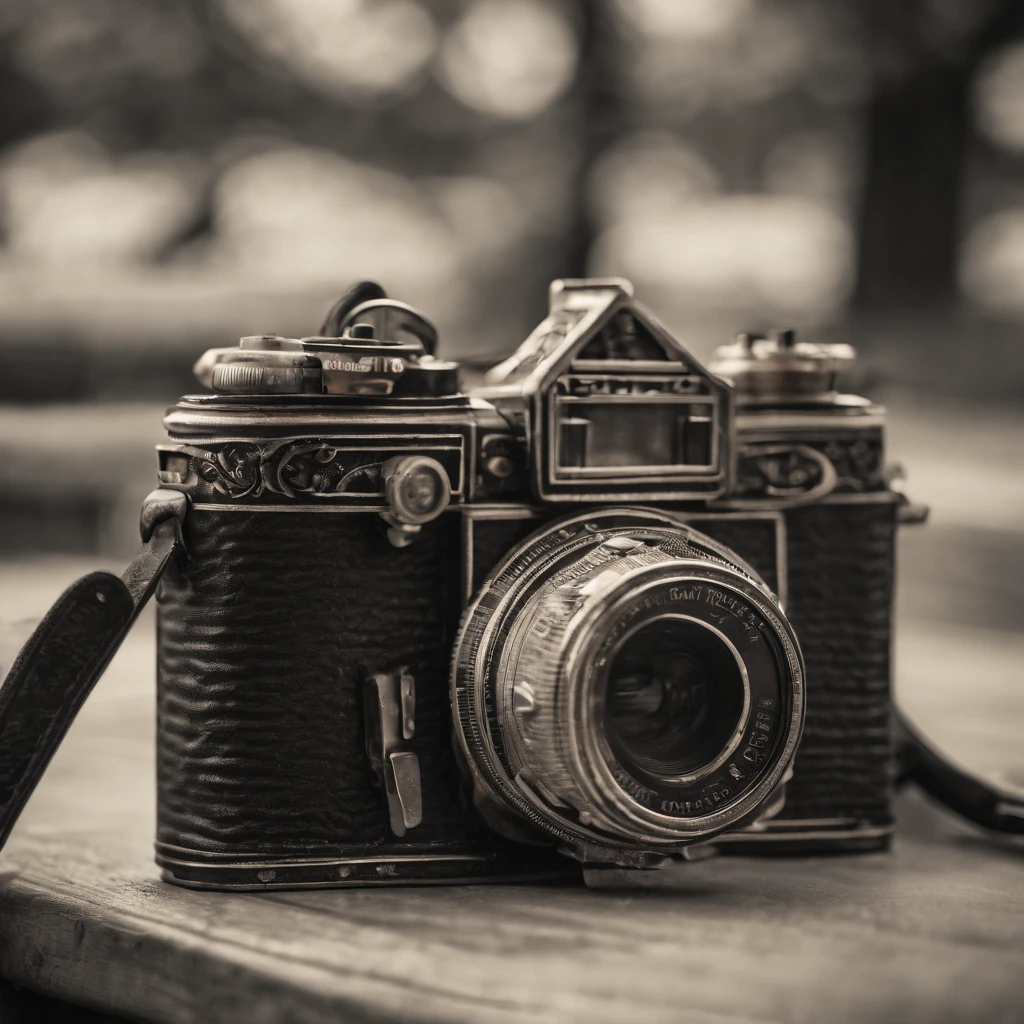 Sketch the intricate details of a vintage camera or other beloved antique object, focusing on its worn edges and timeless charm, capturing the nostalgia and history it holds within its design.