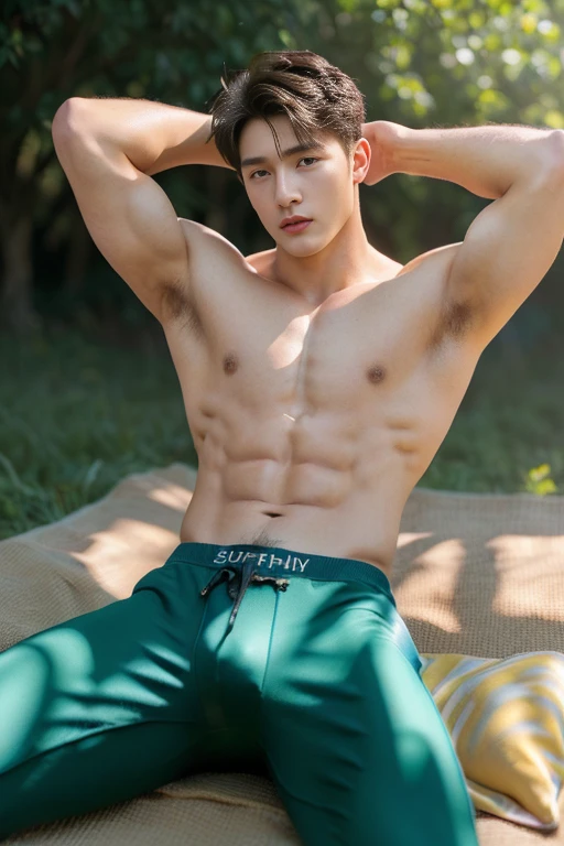 1 Man, ((male models )) heaty skin, masterpiece, best quality, most handsome man in the world, by Kim Soo-hyun, prefect body, beautiful male model, an attractive man 18-24 years old aesthetic, at spring flower booming, green fields, spring, plains, trees, flower, blue sky, ruggedly handsome young man wearing a super sexy thong, mascular, lifted arms, spread legs, pubes, lying on the grass, ((smooth body)), super cute, dynamic pose, cool and seductive, dramatic lighting, full body shot,  youthful face, full body, body without hair, thin and tall, fit body, dominant, Caucasian or white skin, youthful face, firm body, high definition, natural flesh tones, soft light, highly detailed, looking at viewer, photography, detailed skin, real person, realistic, photo-realistic, insanely detailed, face detail, hype maximalist, hype hyperrealism, cinematic, telephoto, lighting intricate details, highly detailed, highly detailed, digital painting, artstation, concept art, smooth, sharp focus, illustration, Unreal Engine 5, 8K, art by Ross Tran and greg rutkowski and alphonse Mucha, UHD, 8k, show only male.8k uhd, dslr, dim lighting, high quality, film grain, Fujifilm XT3, male only fan,2 mans, pair model.