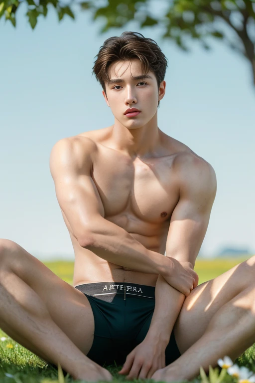 1 Man, ((male models )) heaty skin, masterpiece, best quality, most handsome man in the world, by Kim Soo-hyun, prefect body, beautiful male model, an attractive man 18-24 years old aesthetic, at spring flower booming, green fields, spring, plains, trees, flower, blue sky, ruggedly handsome young man wearing a super sexy thong, mascular, lifted arms, spread legs, pubes, lying on the grass, ((smooth body)), super cute, dynamic pose, cool and seductive, dramatic lighting, full body shot, youthful face, full body, body without hair, thin and tall, fit body, dominant, Caucasian or white skin, youthful face, firm body, high definition, natural flesh tones, soft light, highly detailed, looking at viewer, photography, detailed skin, real person, realistic, photo-realistic, insanely detailed, face detail, hype maximalist, hype hyperrealism, cinematic, telephoto, lighting intricate details, highly detailed, highly detailed, digital painting, artstation, concept art, smooth, sharp focus, illustration, Unreal Engine 5, 8K, art by Ross Tran and greg rutkowski and alphonse Mucha, UHD, 8k, show only male.8k uhd, dslr, dim lighting, high quality, film grain, Fujifilm XT3, male only fan,2 mans, pair model.