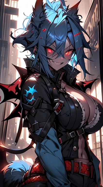 1girl, short_rebellious_hairblue_hair, hair tips to the side, scary_eyes, short_hair, hair just blue,Big_smile , Evil smile_sharp_wild teeth, skin black as darkness, Glowing eyes, looking_at_vi ewer, holding, shirt, pant, animal_ears, blue_ ears, wolf_woman, blue_tail, body_perfect, Milf_body, female_body_muscular, big_breasts, scar_on_thighs, scar_on_the abdomen,vampire slayer_outfit