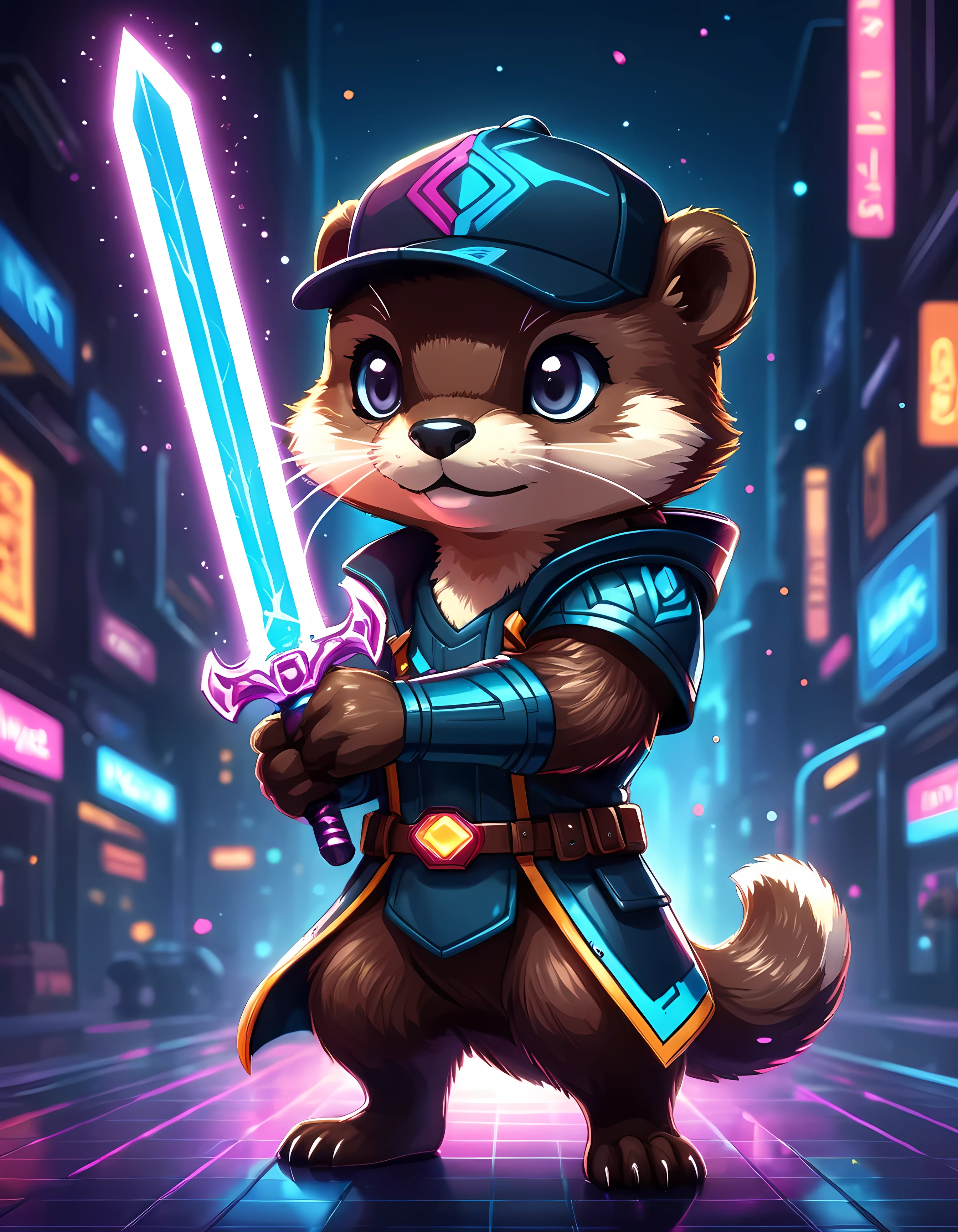 Bright epic professional cute cartoon pixel illustration, (masterpiece in maximum 16K resolution, superb quality, ultra detailed:1.3), close-up of a cyberpunk neon otter warrior holding a (glowing electric sword with both hands), sharp stylish dark cape with pockets, armored cap, robotic eyes, blurry modern street background at night, sparkles.