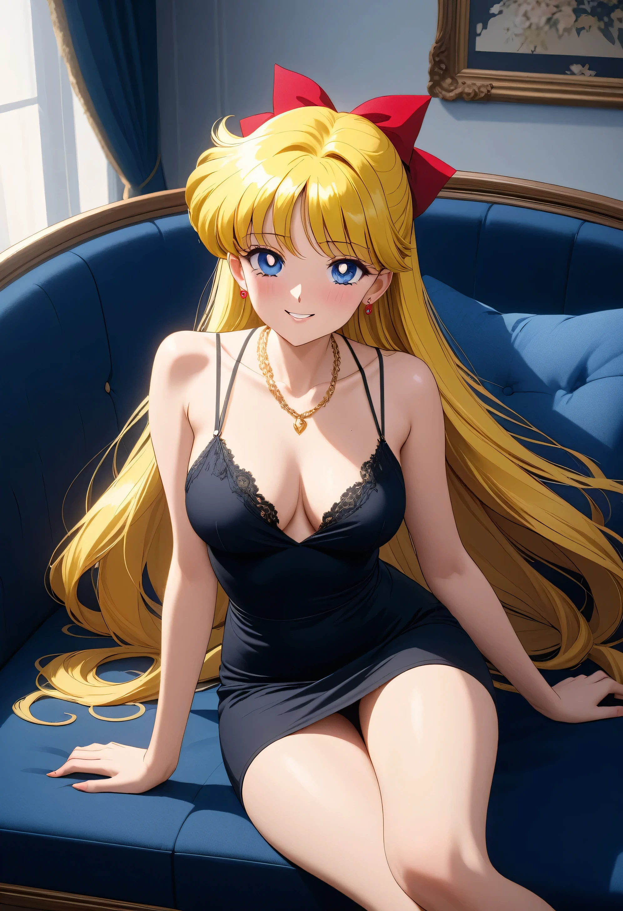 (masterpiece, best quality, very aesthetic, ultra detailed), intricate details, 4k, aavenus, long hair, blonde hair, hair bow, earrings, blue eyes, taut dress, spaghetti strap, black dress, sleeveless, sitting, necklace, indoors, sofa, seductive smile