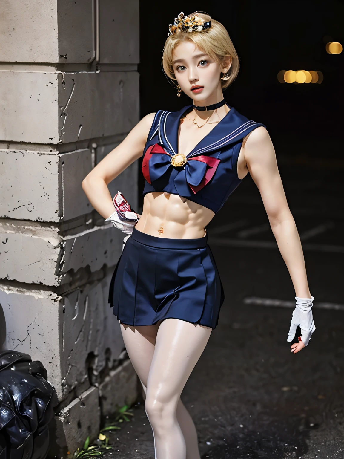 ((masterpiece:1.4)、(highest quality:1.4)、(Realistic:1.7)、、((one beautiful japanese girl age19:1.2))、(Sailor Moon:1.4)、((Super tight sailor uniforms that fit small breasts:1.3))、(latex,Gloss)、((The jacket is a white with detailed details, sleeveless sailor suit that is super short and clings to her very small breasts.:1.2))、(The skirt is a sexy super miniskirt in blue.;1,3)、((The collar of the sailor suit is blue))、There are two thin lines、High leg swimsuit、(Red cloth decoration on chest:1.2)、(Wearing long white gloves)、((Thin black pantyhose:1.2)),pretty girl、Super Beauty、Sharp focus:1.2,Portrait Photography、Photographing a cowboy standing with his chest out from the center, front view:1.2、((armpits:1.2)),Angle from below,Beautiful expression、Beautiful symmetrical eyes、((Very small and flat breasts:1.7)),((Toned and very slim body:1.6)),Small ass:1.3,Short torso:1.2,(Narrow waist:1.3),((very Muscular limbs:1.3),((Fine abdominal muscles 1.4)),(Blonde Bob:1.4)、RAW Photos、(Red ribbon:1.2)、(Red Boots:1.),choker:1.4、Golden Necklace:1.4、(A gorgeous golden tiara on her forehead:1.4)、1 Screen Display、(The scene is the moonlit night streetscape.:1.2),I can see my belly button:1.2,The hip bones are visible1.3,