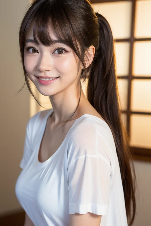 SFW, best quality, face focus, soft light, ultra high res (photorealistic:1.4), RAW photo,
1japanese girl, solo, cute, pretty, Beautifull, (pupil, lights in the eyes), detailed beautiful face, (medium chest),(high-resolution detail of human skin texture), (happy smile:1.4)
(Long ponytail hair:1.2), (sidelock bangs:1.2)
indoor,
White T-shirt,
(Portrait)
