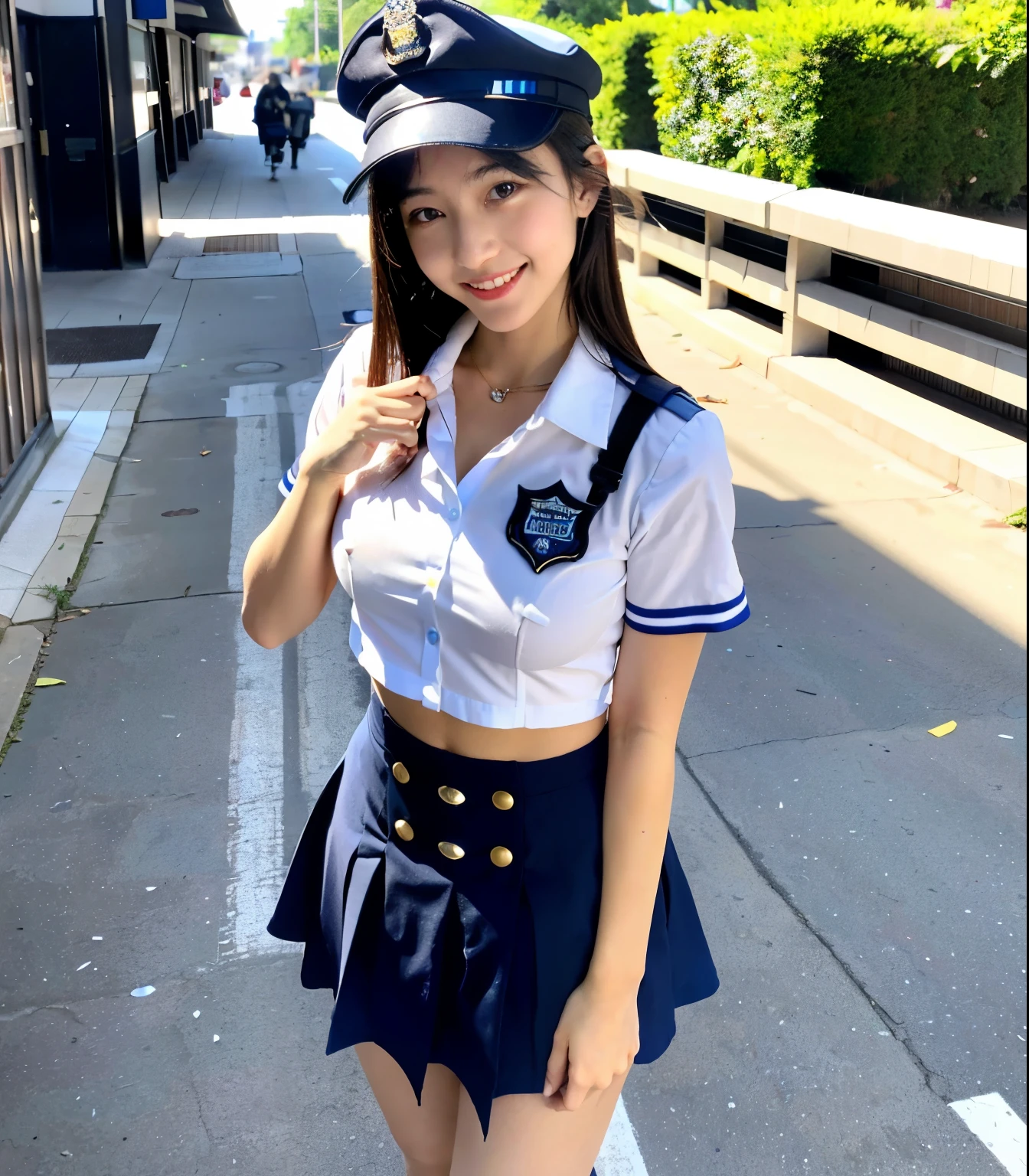 beautiful illustrations、highest quality、ultra high resolution、Professional specifications、(((Only one elementary school student))、light blue school sailor uniform、very short skirt、((Police Officer Cap))、short sleeve、'face、(on all fours: 1.3)、Crouch start、Adult male on top