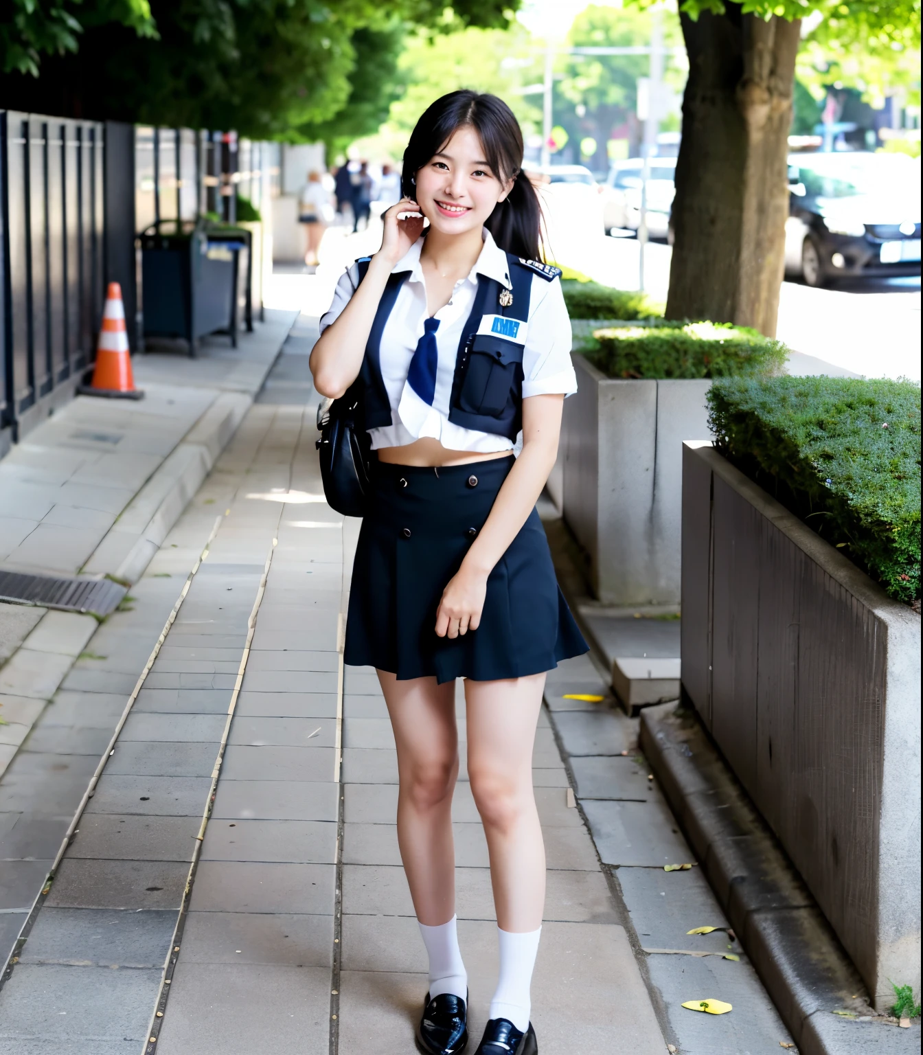 ((highest quality)), ((masterpiece)), (detailed), Perfect Face, A 20-year-old girl who is as cute as an idol, A kind smile, Very cute、Female police officer, Police uniform, Her uniform is messed up and her underwear is visible、mini skirt、Cleavage,  whole body, whole body像、City Sidewalk, Genuine stick, Genuine、Real