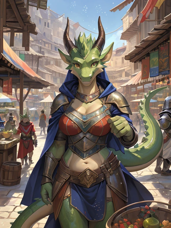 impasto, masterpieces, official art, anthro, lime green body, dragon, horn, tail, female, standing, strong, mane, armor, Cloak, detailed eyes, upper body, (bust portrait), noon, bazaar, masses, Medieval town, light particles, Pino Daeni, Michael & Inessa Garmash, yupa vore large super inside mike keidran fox belly moves