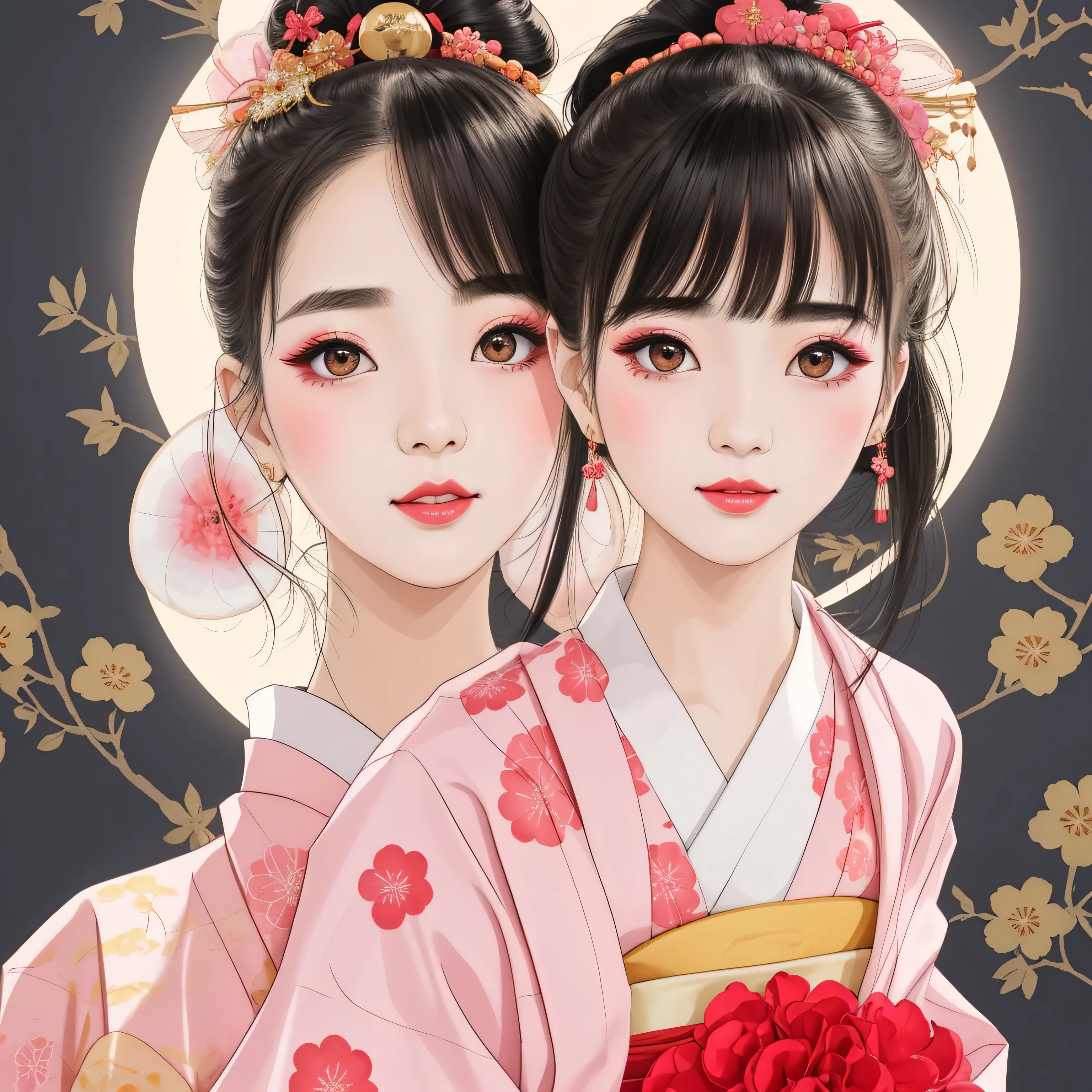 Each has a different expression2People and sisters、(2 girls)、⦅Dancing traditional arts with grace)、((Big Breasts、Small Face、Not exposed))、highest quality、masterpiece、(Black Hair、Bun Hair)、Brown Eyes、⦅Wide angle、Angle from above the waist、Pause on the magazine cover、Their gazes are different, gazing into the distance⦆、(8K High Quality、masterpiece、High resolution、Realistic and beautiful light and shadow、(highest quality)、(High Resolution)、(Very delicate and beautiful)、(Beautiful 8k face)、(With a smile、Beautiful eyes)、(Clear skin)、(Soft hair)、(8Head to Body)、(A Japanese style yukata kimono with red, pink and orange floral patterns on a white background, interspersed with gold powder、Wearing a yukata2Beautiful Japanese girls)、((Tanabata decoration background))、((Small Face))、(arms up)、Thin and small nose、(Red lipstick)、(Make your cheeks red)、(Glossy skin)、((Ink painting style))、Very thin eyebrows、Overall ultra-high image quality、(She is wearing maiko-style makeup.)、Whitening、Long and beautiful eyelashes、Glowing Skin、(Red cheeks),Straight nose、masterpiece、highest quality、whole body、 Eyebrows visible through hair、Bun Hair、Grin、Gal、Gal、Viewer's Eyes、Plaid、Stylish、woman、fine、Pause、
Waiting to start