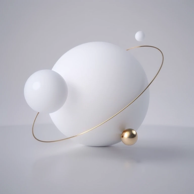 una esfera blanca con una bola dorada y un anillo dorado, esferas y formas flotantes, smooth 3d illustration, smooth 3d illustration, planeta con anillos, 3D minimalista, 3D minimalista art, Renderizado 3D limpio, planetas flotantes, fina estructura simple y delicada, geometric 3d render, geometric 3 d render, 3d illustration, 3d illustration