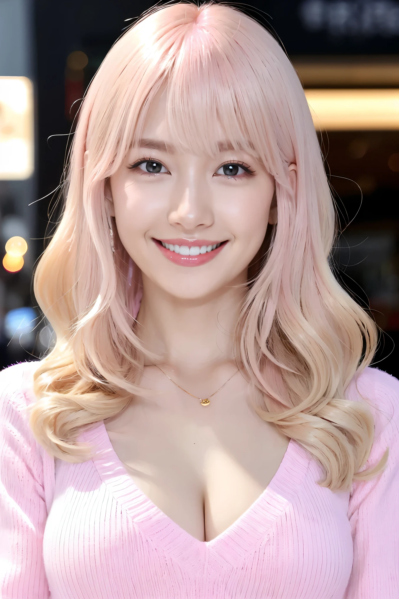 (Tabletop、highest quality、8k、Award-winning works、Ultra-high resolution)、One beautiful woman、(Perfect fluffy light pink V-neck long sleeve knit:1.3)、(Golden and pink hair:1.2)、(Blonde Hair:1.2)、Bright color contacts、Perfect Makeup、Bright and shiny lipstick、(Very heavy makeup:1.1)、(Pink eyeshadow:1.1)、Heavy makeup around the eyes、(Face close-up:1.2)、Very long wavy hair、The best smile you ever had when you saw me、(Accentuate your body lines:1.1)、(Strongly blurred vibrant Harajuku street background:1.1)、(Strongly blurred background:1.1)、Accurate anatomy、Ultra HD Hair、(Ultra-high resolutionの完璧な美しい歯:1.1)、Ultra-high definition beauty face、Ultra HD Hair、Ultra-high definition sparkling eyes、輝くUltra-high resolutionの美肌、Ultra-high resolutionの艶やかな唇
