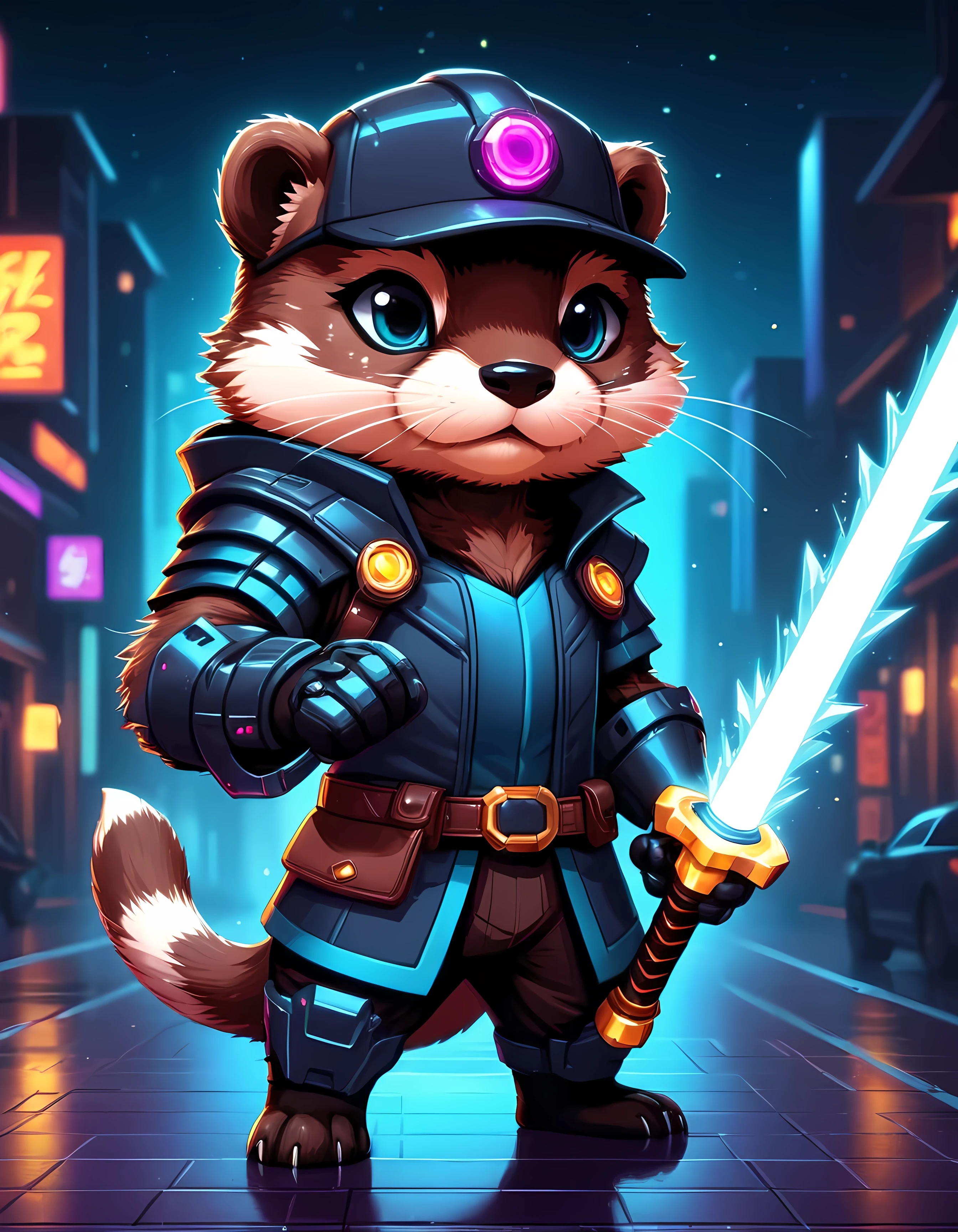 Bright epic professional cute cartoon pixel illustration, (masterpiece in maximum 16K resolution, superb quality, ultra detailed:1.3), close-up of a cyberpunk neon otter warrior holding a (glowing electric sword with both hands), sharp stylish dark cape with pockets, armored cap, robotic eyes, blurry modern street background at night, sparkles.