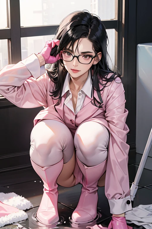 A mature woman with black hair and glasses wearing a suit and long pink rubber gloves and white rubber boots doing cleaning work