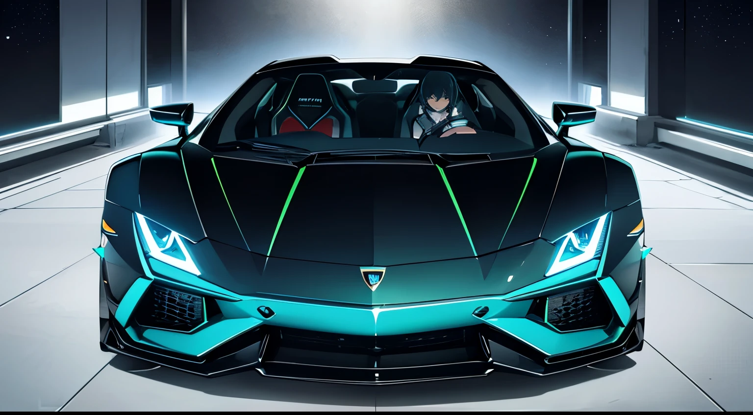 Drive a Lamborghini、Bikini、cute、Hatsune Miku、Large Breasts、Night view、８K、Transparent Eyes