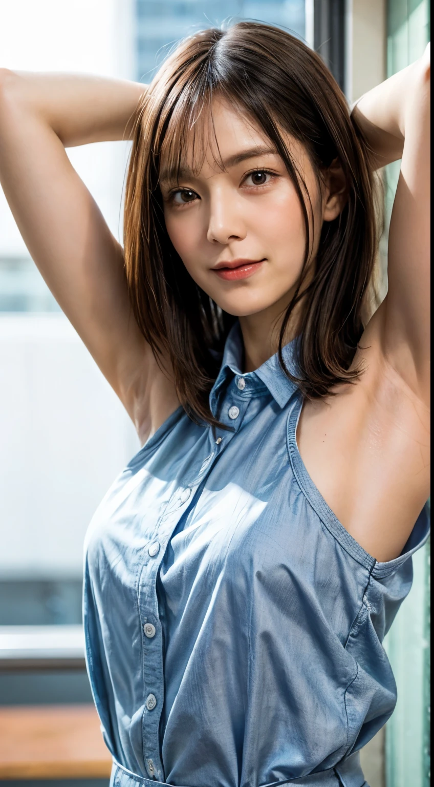 (Ultra HD、Ultra-high resolution、Realistic:1.3、8k、Japanese Office Lady、In front of the wall)、Attention in the armpits、Viewer、(Extremely realistic skin texture:1.4)、(Realistic:1.3)、short hair、((Embarrassed expression:1.3))、(blonde:1.3)、40-year-old woman、Mature Woman、ponytail、(Lift your arms and show your armpits:1.3)、((Face close-up:1.49))、(Armpit sweat)、Leaning against a wall、((Shooting from the side:1.05))、White collared shirt