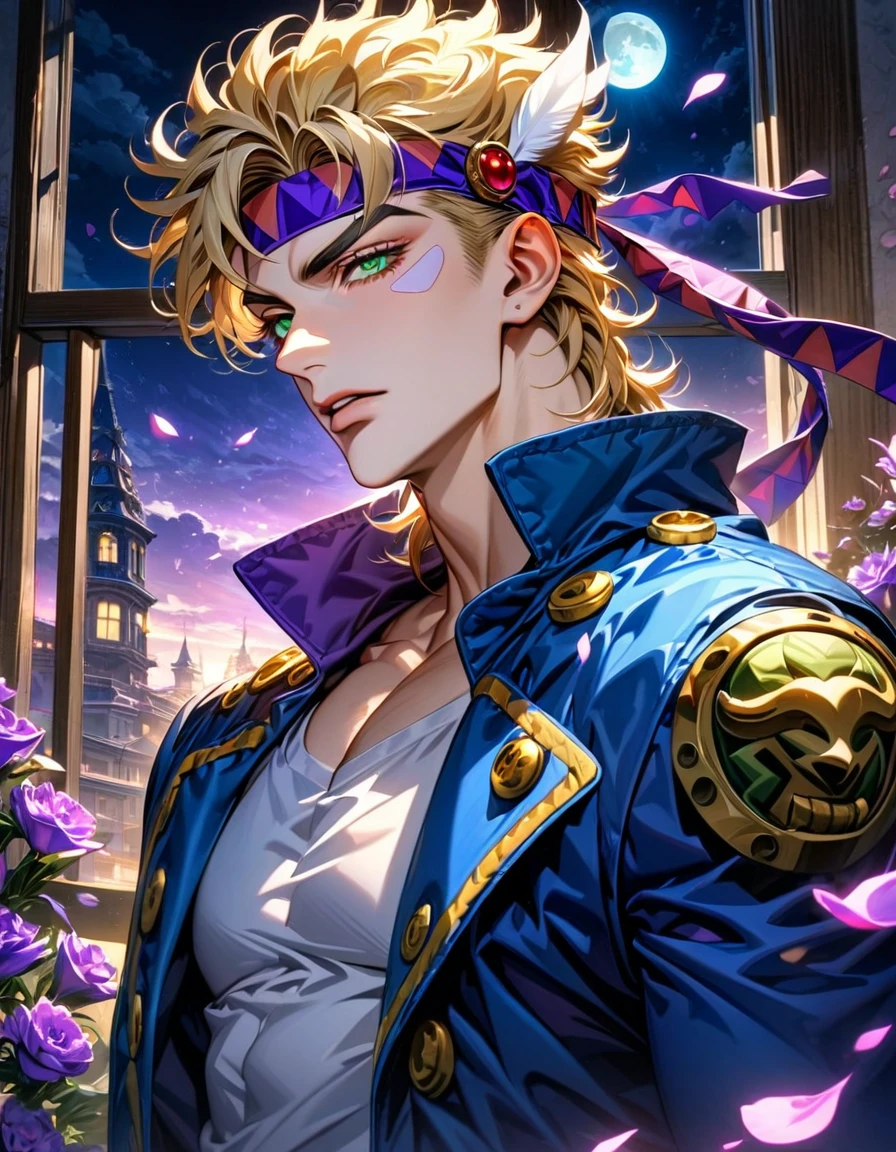 absurdres, highres, ultra detailed, HDR, master piece, ultra detailed picture, extremely detailed face and eyes, Caesar Anthonio Zeppeli, blonde hair, expressive green eyes, Jojo bizarre adventure, sexy man, solo, handsome, blue coat, white shirt, purple headband, moon, window, purple flowers, petals, purple shining lights