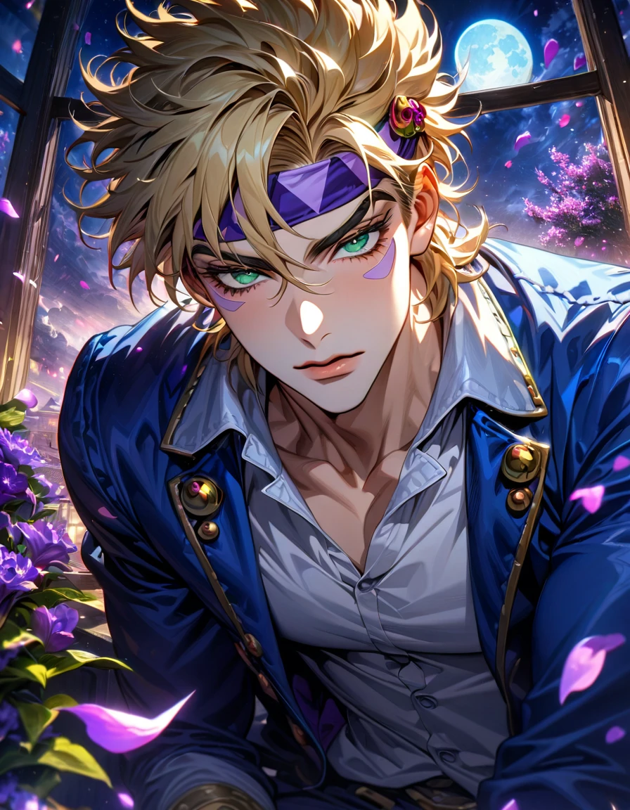 absurdres, highres, ultra detailed, HDR, master piece, ultra detailed picture, extremely detailed face and eyes, Caesar Anthonio Zeppeli, blonde hair, expressive green eyes, Jojo bizarre adventure, sexy man, solo, handsome, blue coat, white shirt, purple headband, moon, window, purple flowers, petals, purple shining lights