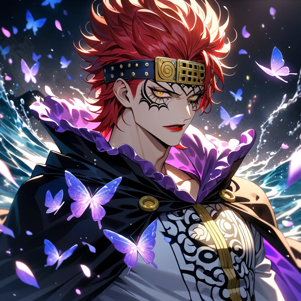 Ultra detailed, HDR, Highres, absurdres, master piece, Eustass Kid, red hair, red lips, expressive yellow eyes, black cape with patterns, One Piece, purple glittering butterflies, purple ice, petals, purple ice roses, sexy man, solo, extremely detailed face and eyes, handsome, glittering, water, white tight shirt,