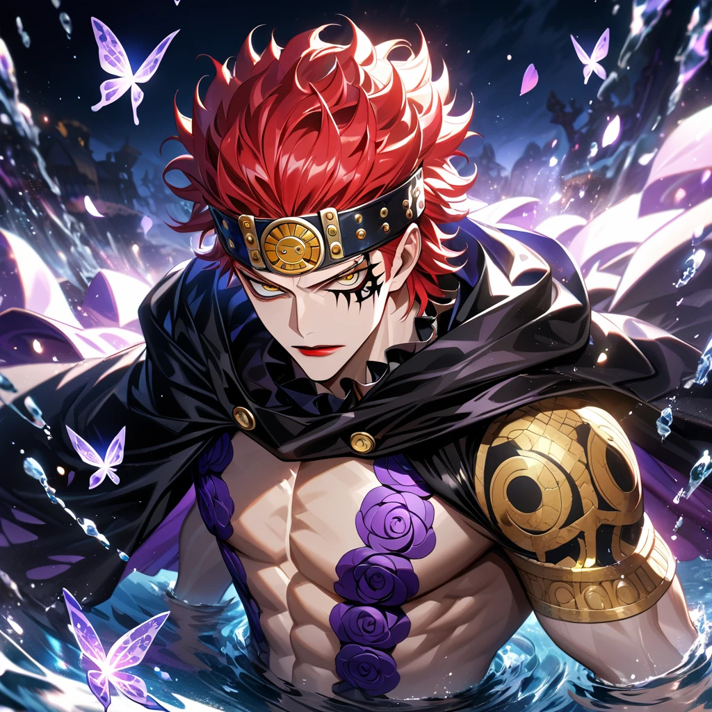 Ultra detailed, HDR, Highres, absurdres, master piece, Eustass Kid, red hair, red lips, expressive yellow eyes, black cape with patterns, One Piece, purple glittering butterflies, purple ice, petals, purple ice roses, sexy man, solo, extremely detailed face and eyes, handsome, glittering, water, white tight shirt,