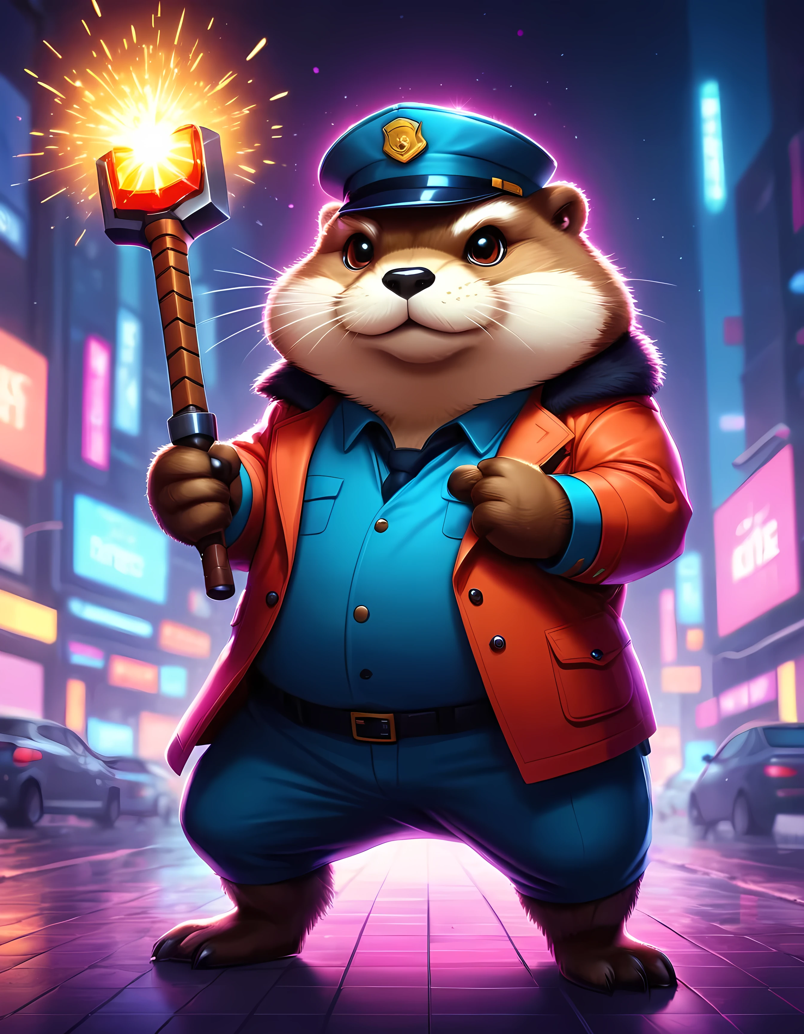 Bright epic professional cute cartoon pixel illustration, (masterpiece in maximum 16K resolution, superb quality, ultra detailed:1.3), close-up of a cyberpunk neon fat otter angry inspector holding a (glowing electric axe with both hands), sharp stylish long coat with a pouch, armored cap, (robotic eyes), blurry modern street background at night, sparkles.