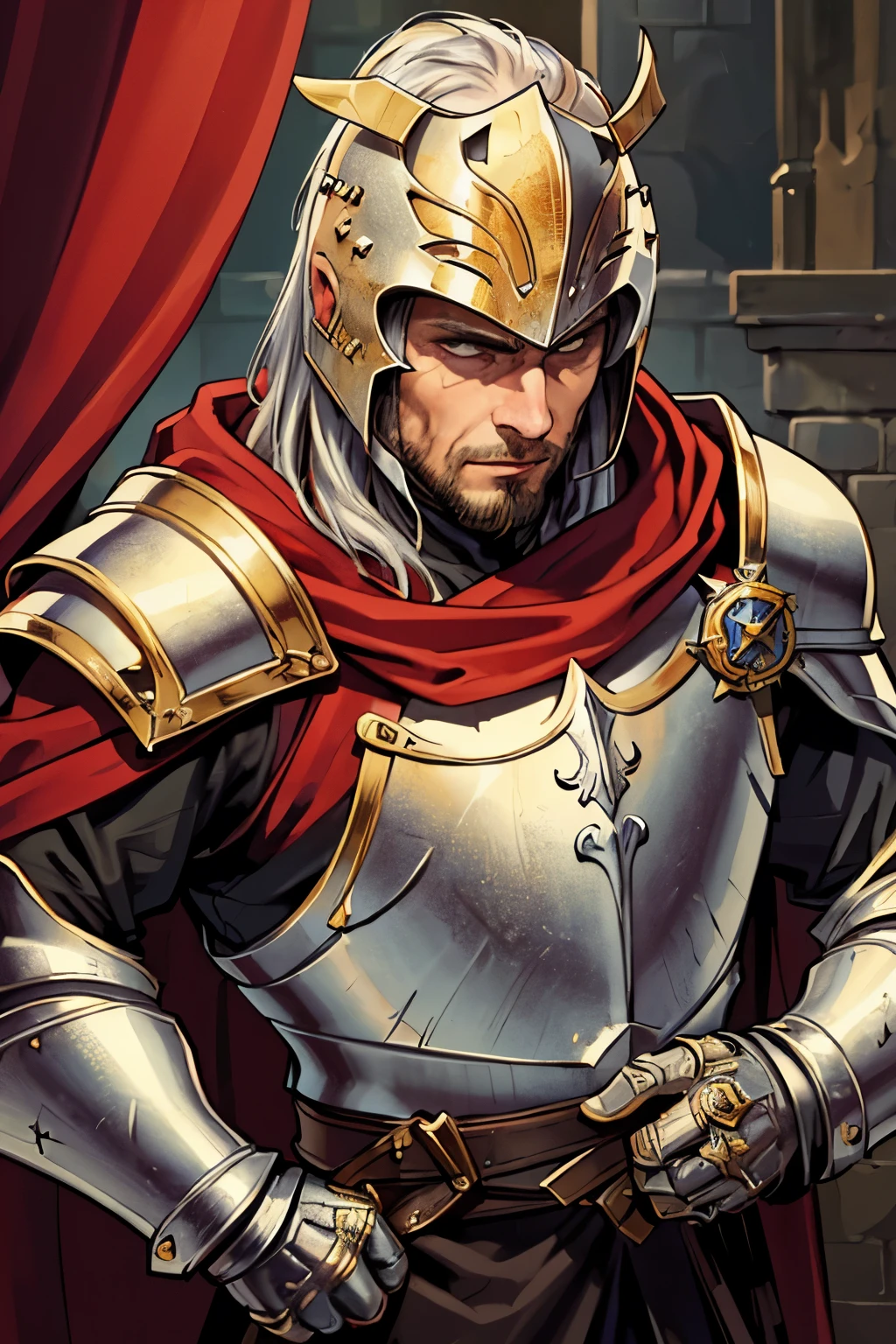 (masterpiece:1.1),(best quality:1.1),extremely detailed,(original design:1.1),(unique accessories:1.1),(medieval fantasy:1.1),professionally retouched,(close-up:1.1),portrait,battlefield,(male:1.1),(holy:1.0),(divine:1.0),(old:1.3), knight full armor, helmet on, black armor, gold details, red cloak