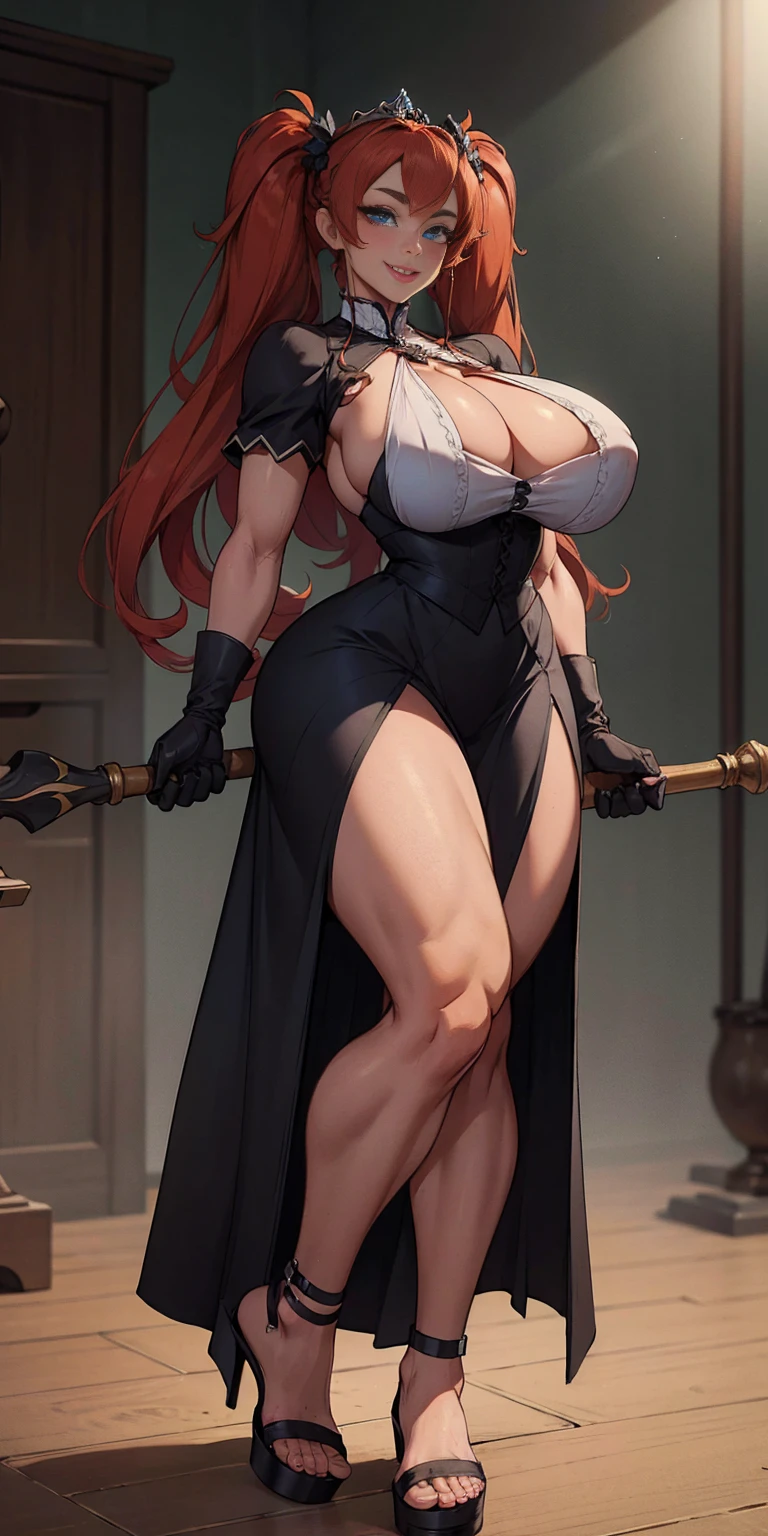 masterpiece, best quality, highres, hmnl, hmnl, twin tails, tiara, blue eyes, idol, dress, gloves,(best quality, high-res, masterpiece:1.2), ultra-detailed,1.37, portraits, vivid colors, studio lighting, sharp focus, physically-based rendering, long hair, blue eyes, beautiful detailed eyes, beautiful detailed lips, hair ornament, idol, dress, gloves, standing, smile, huge breast, curvy, staff, long skirt, standing, full body, flipflops, larges skirt, long skirt, refsheet