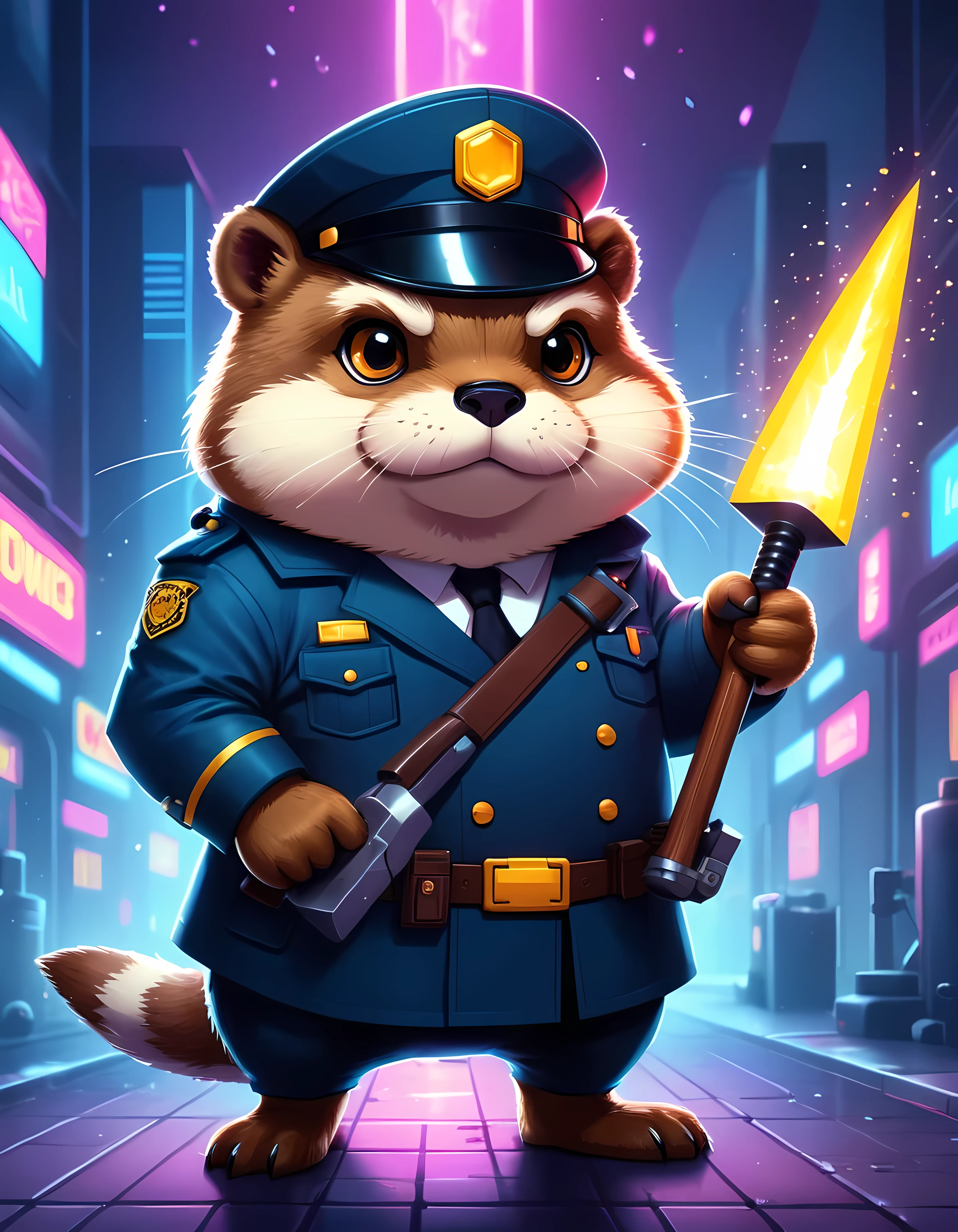 Bright epic professional cute cartoon pixel illustration, (masterpiece in maximum 16K resolution, superb quality, ultra detailed:1.3), close-up of a cyberpunk neon fat otter angry inspector holding a (glowing electric axe with both hands), sharp stylish long coat with a pouch, armored cap, (robotic eyes), blurry modern street background at night, sparkles.