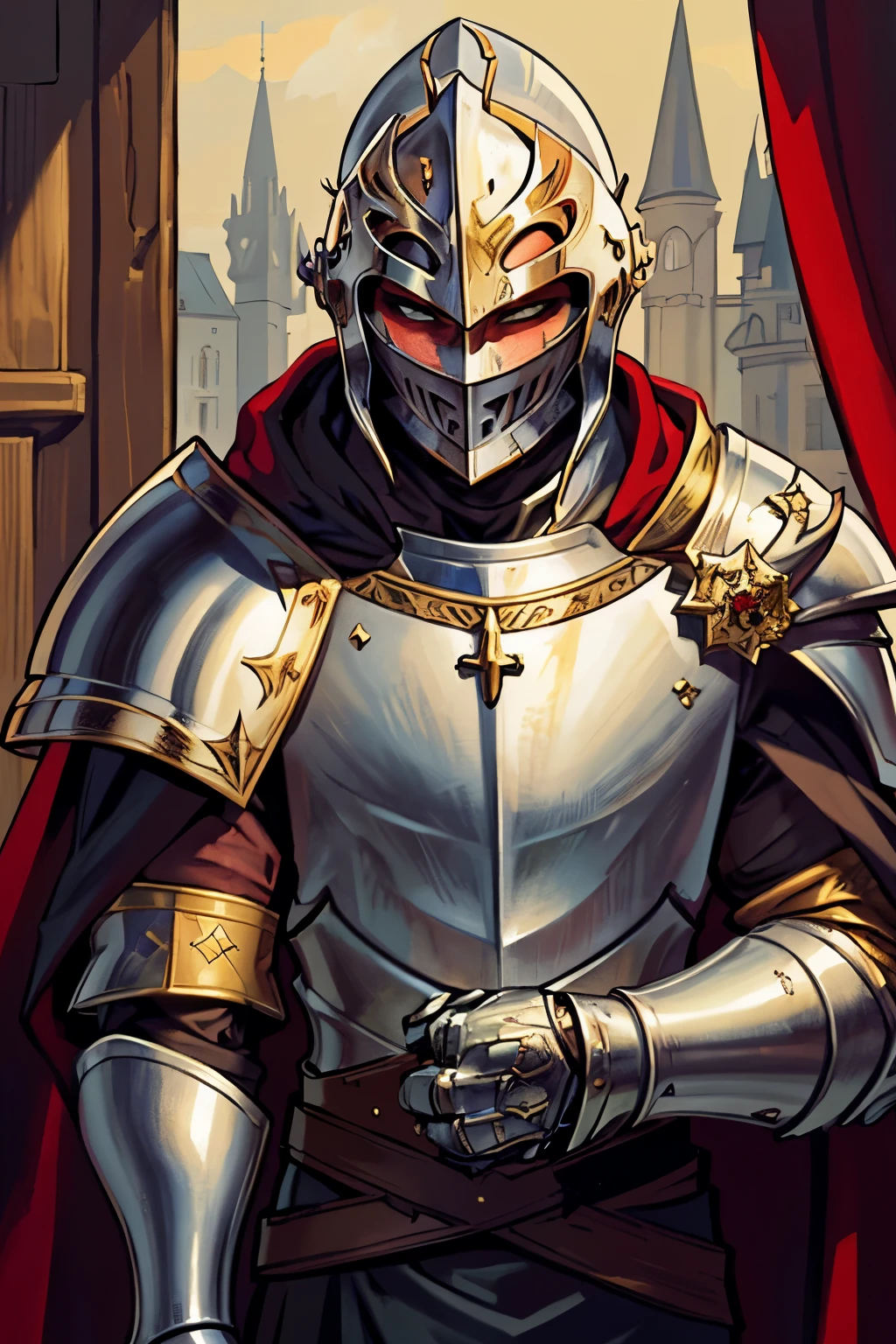 (masterpiece:1.1),(best quality:1.1),extremely detailed,(original design:1.1),(unique accessories:1.1),(medieval fantasy:1.1),professionally retouched,(close-up:1.1),portrait,battlefield,(male:1.1),(holy:1.0),(divine:1.0),(old:1.3), knight full armor, helmet on, black armor, gold details, red cloak
