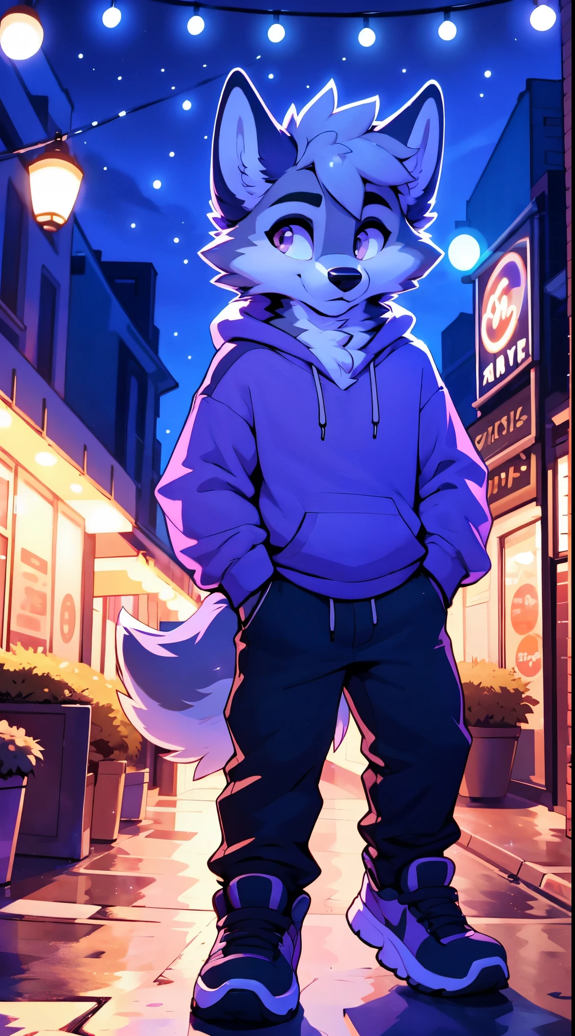 a full body, anthropomorphic brown wolf kid wearing a light purple hoodie, pants, sneakers, wolf face, cute face, glossy fur, big fluffy neckfur, posing for a picture in a hill at night with a city in the distance