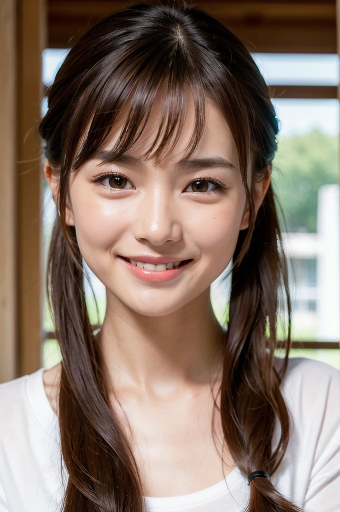 SFW, best quality, face focus, soft light, ultra high res (photorealistic:1.4), RAW photo,
1japanese girl, solo, cute, pretty, Beautifull, (pupil, lights in the eyes),  detailed beautiful face, (medium chest),(high-resolution detail of human skin texture), (happy smile:1.4)
(Long ponytail hair:1.2), (sidelock bangs:1.2)
indoor,
White T-shirt,
(Portrait)