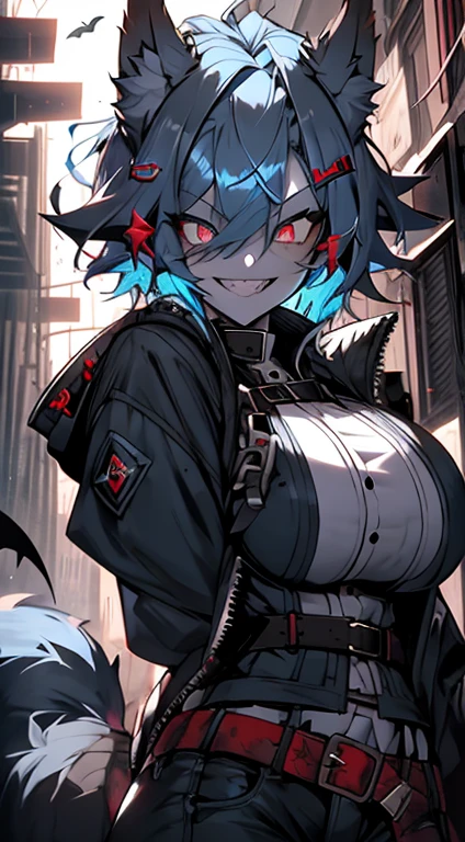 1girl, short_rebellious_hairblue_hair, hair tips to the side, scary_eyes, short_hair, hair just blue,Big_smile , Evil smile_sharp_wild teeth, skin black as darkness, Glowing eyes, looking_at_vi ewer, holding, shirt, pant, animal_ears, blue_ ears, wolf_woman, blue_tail, body_perfect, Milf_body, female_body_muscular, big_breasts, scar_on_thighs, scar_on_the abdomen,vampire slayer_outfit, outfit_black_White