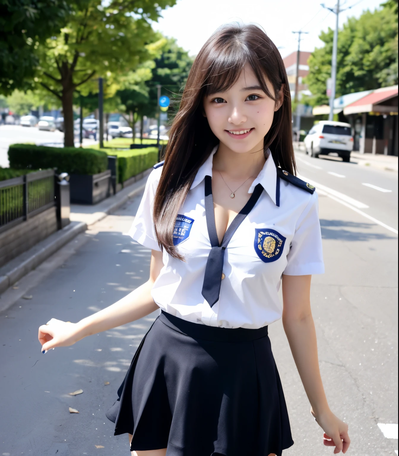 ((highest quality)), ((masterpiece)), (detailed), Perfect Face, A 20-year-old girl who is as cute as an idol, A kind smile, Very cute、Female police officer, Police uniform, Bra showing from under her uniform、mini skirt、Cleavage, whole body, whole body像、City Sidewalk, Genuine stick, Genuine、Real