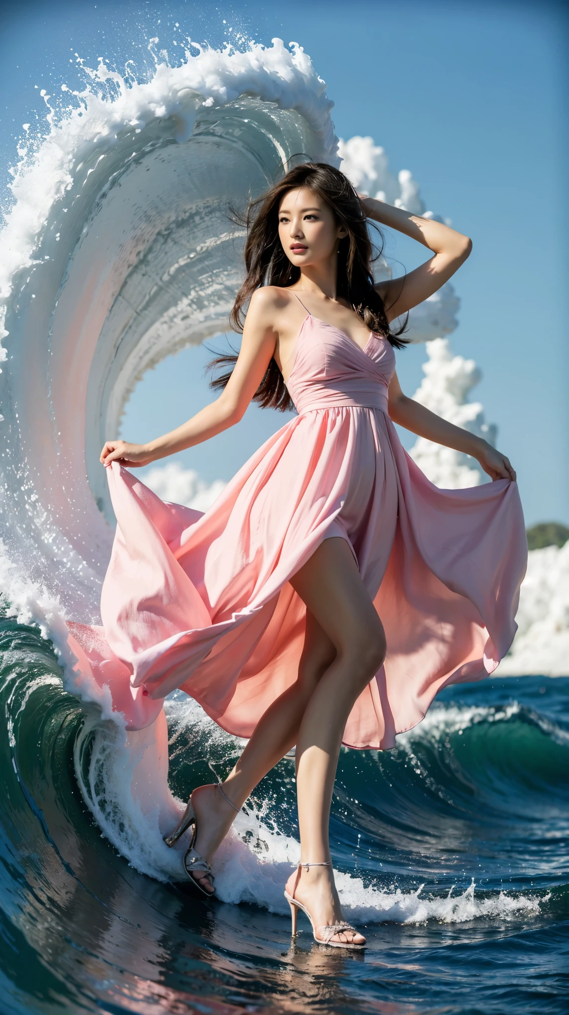 highest quality,masterpiece,Ultra-high resolution,(Actual:1.4),Original photo,Ultra-high resolution，8k，There are women，Fair skin，Exquisite makeup，Big waves，Pink Dress:1.5，，High heels，Long legs，Bright and beautiful，