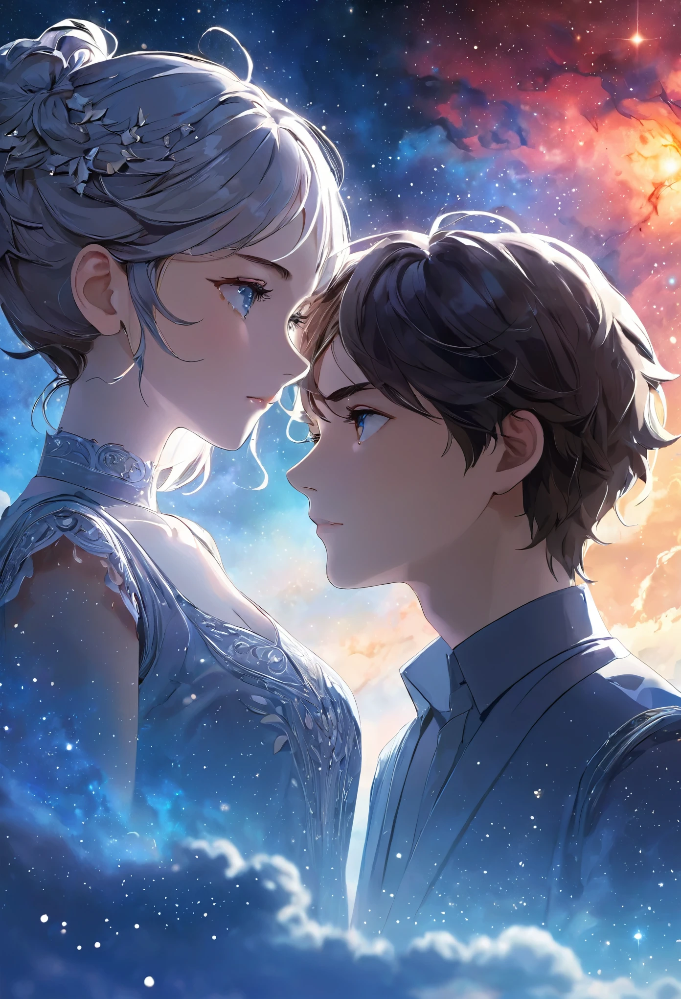 masterpiece, best quality, Extremely detailed CG Unity 8K wallpaper, Paper Cutting, (Delicate face), Delicate eyes, Bright sky nebula, 2 people, : 16,ne person stands on another person&#39;s shoulders